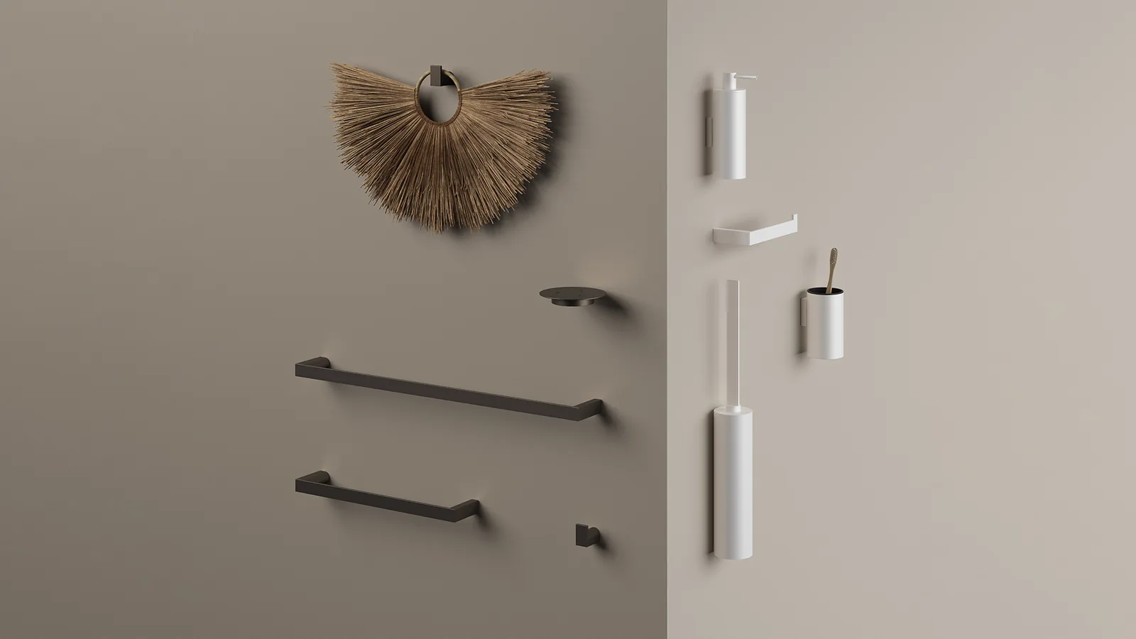 Capannoli Badaccessoires in verschiedenen Metalloberflächen an einer hellen Wand