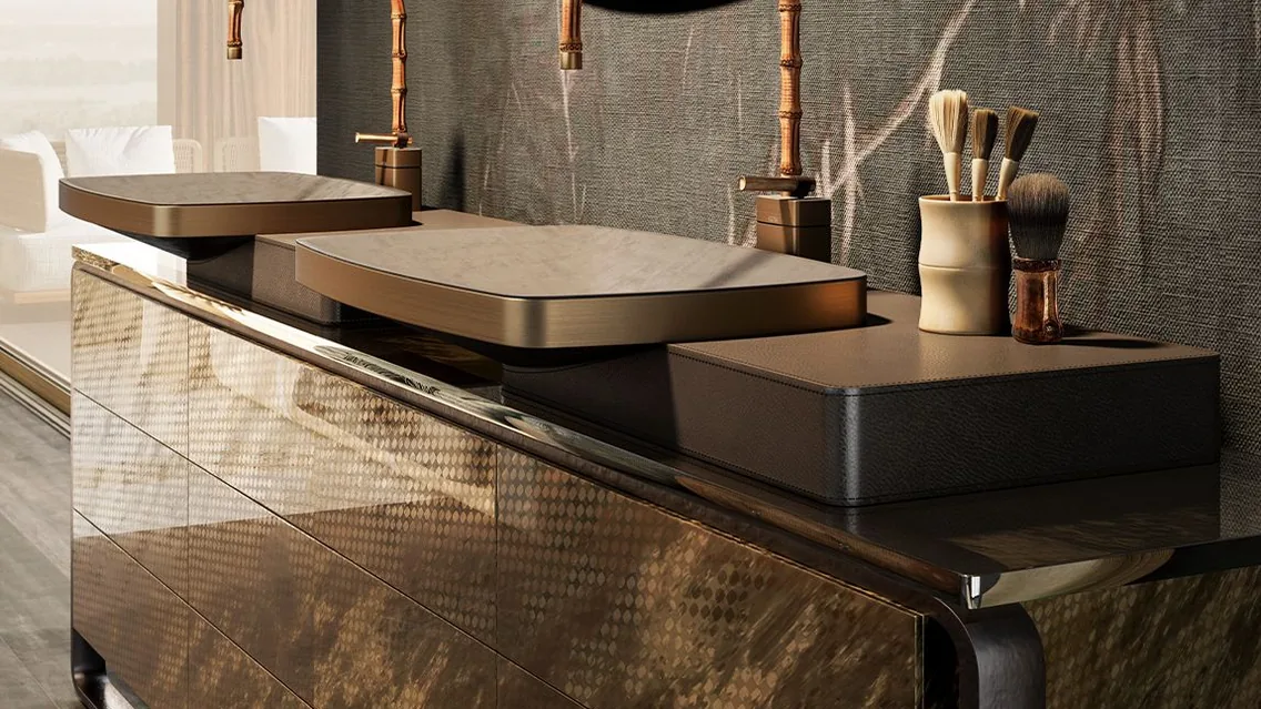 Gessi Designarmaturen in Bronze an dunklen Aufsatzwaschbecken