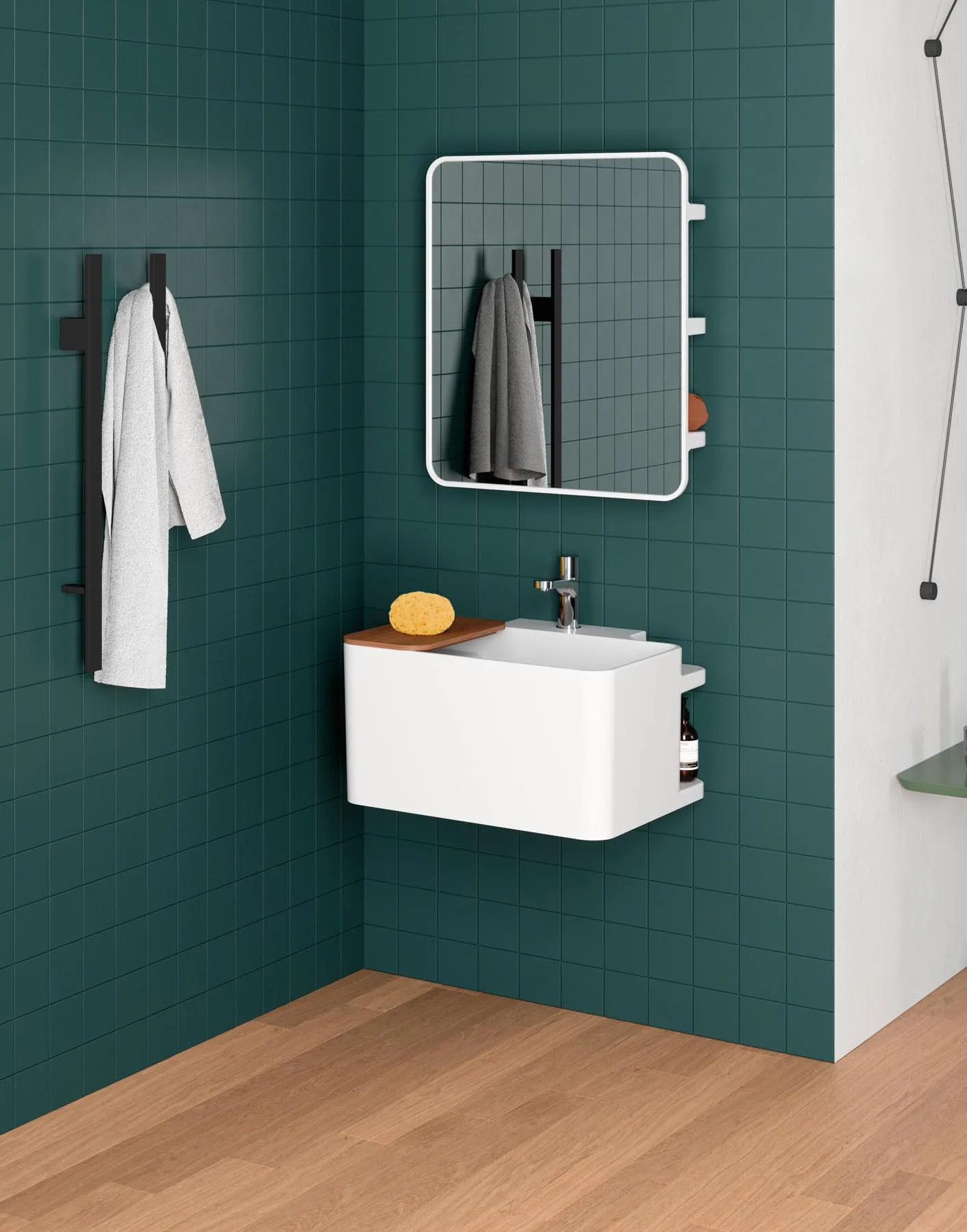 Azzurra Ceramica Anfibio: weisser Waschtisch mit Spiegelschrank vor grüner Wand