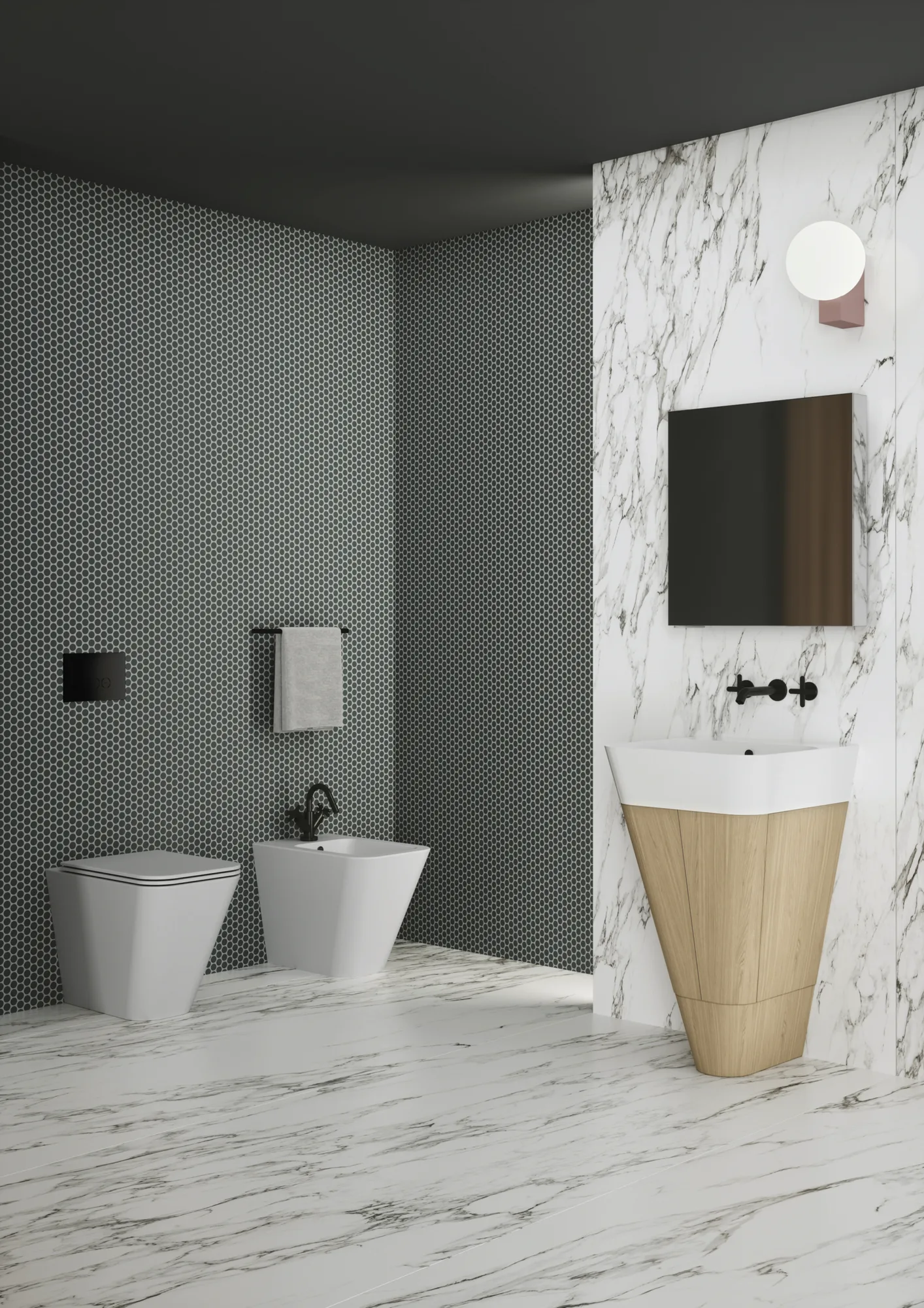 Azzurra Ceramica Build: Bad mit WC, Bidet und Waschtisch aus Holz vor Marmorwand