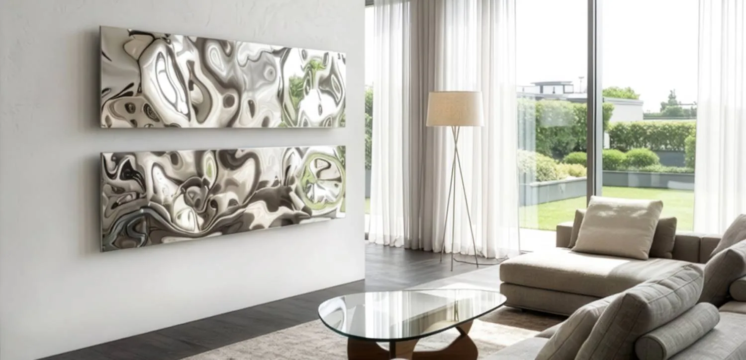 Cordivari Blow: Heizkörper in Spiegeloptik im Wohnraum mit Sofa