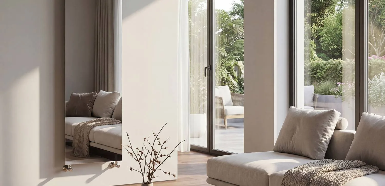 Cordivari Frame Inox: Heizkörper aus Edelstahl im Wohnraum mit Sofa