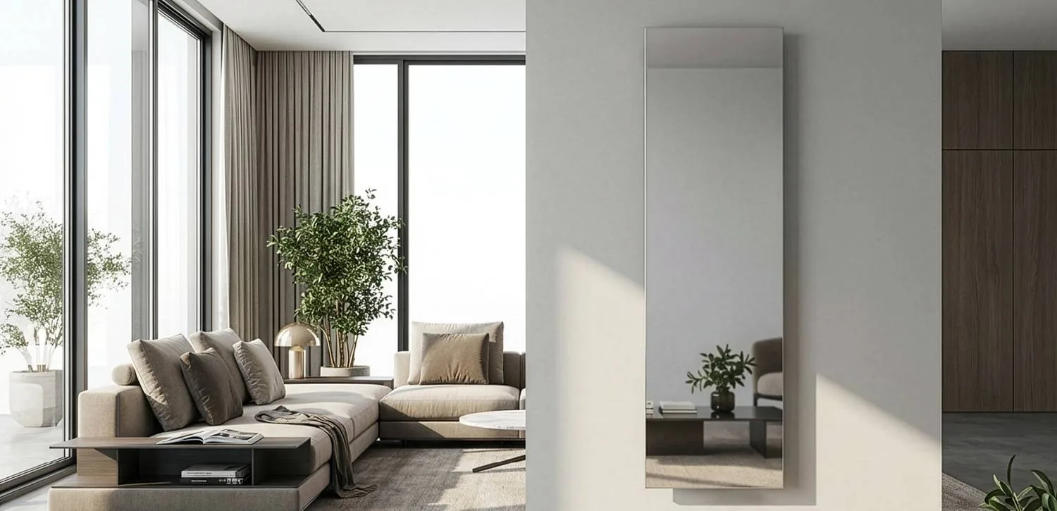 Cordivari Frame Inox: senkrechter Heizkörper aus Edelstahl vor grosser Fensterfront