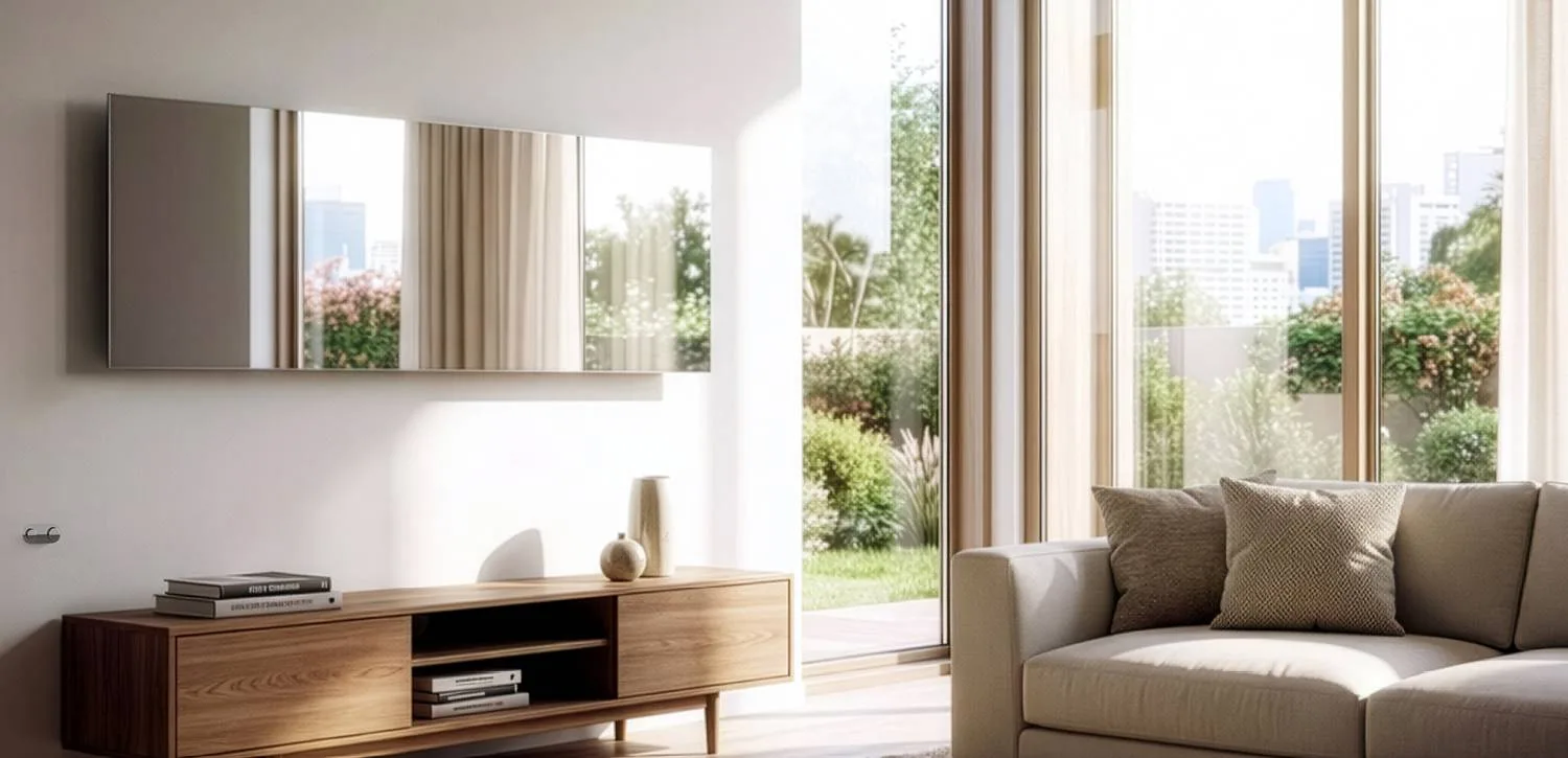 Cordivari Frame Inox: Heizkörper aus Edelstahl neben Holzsideboard