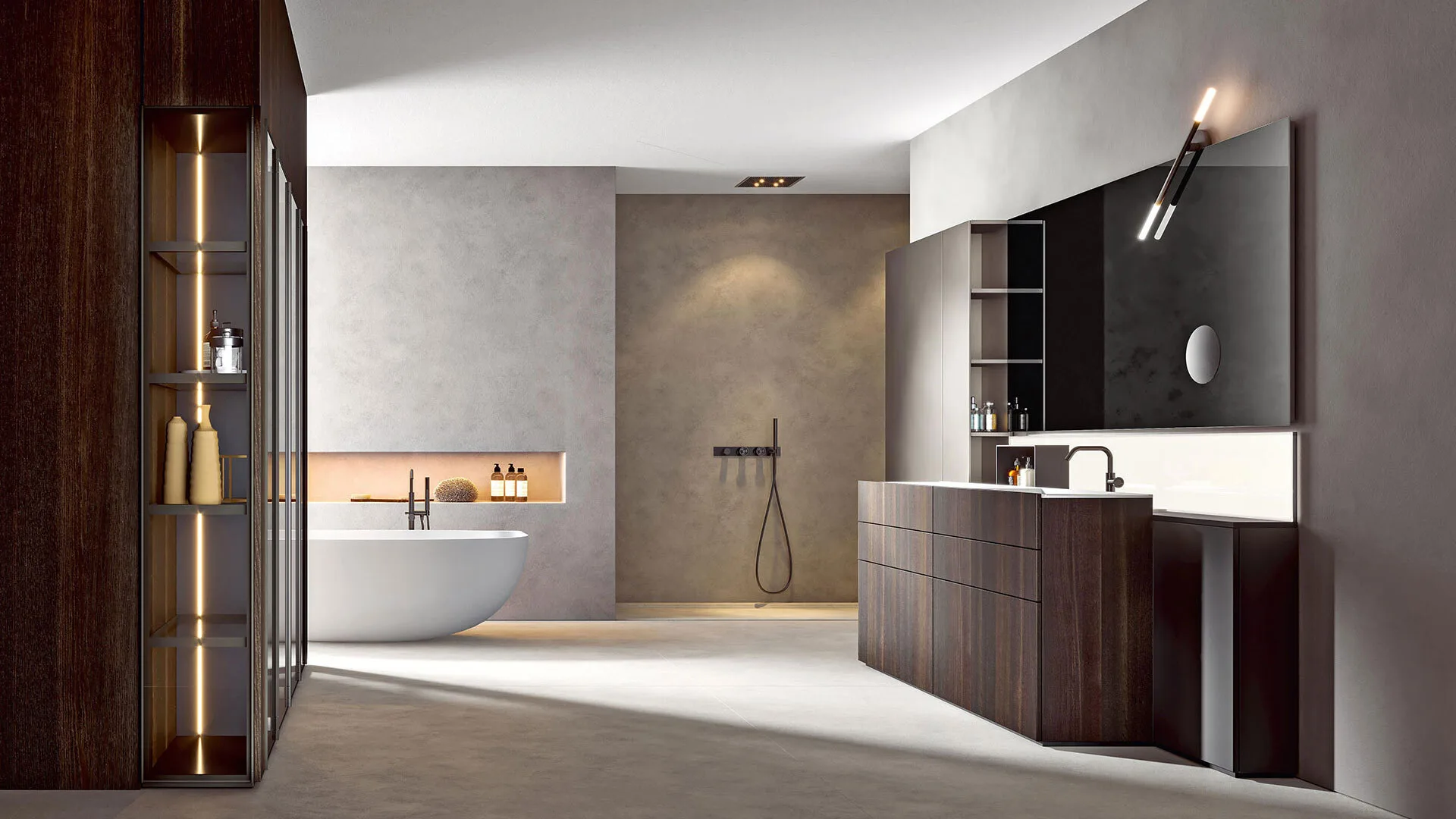 Edoné Hexis: Badezimmer mit Waschtischmöbel in dunklem Holz, Glasvitrine und freistehender Badewanne