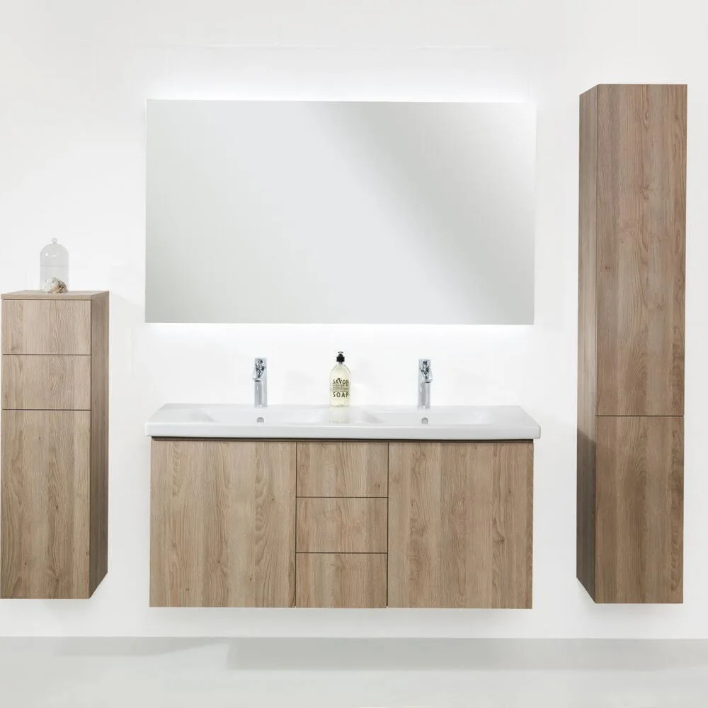 Froidevaux Connect Standard: Waschtischmöbel in Holzoptik mit Hochschrank und beleuchtetem Spiegel