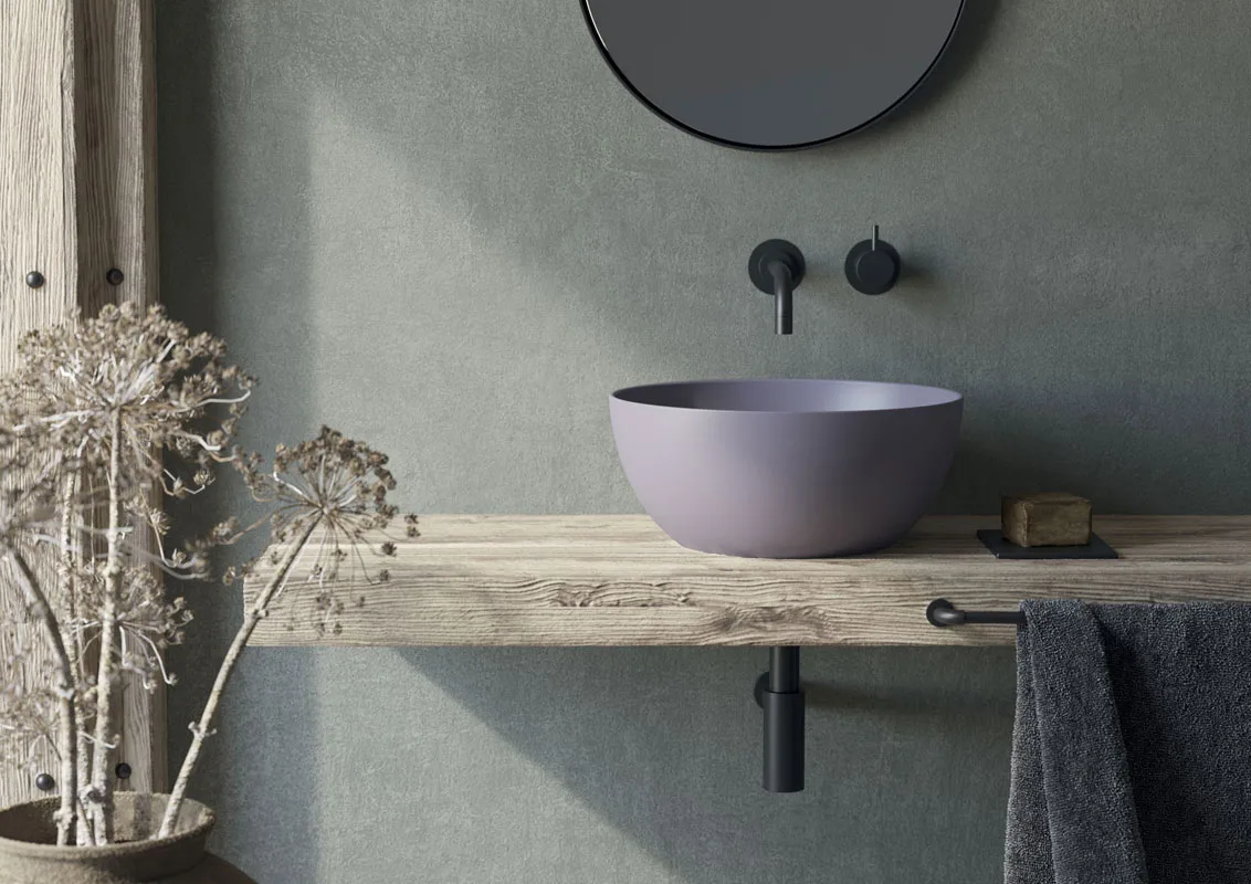 Ceramica Galassia Dream: Aufsatzbecken in Flieder auf Holzplatte