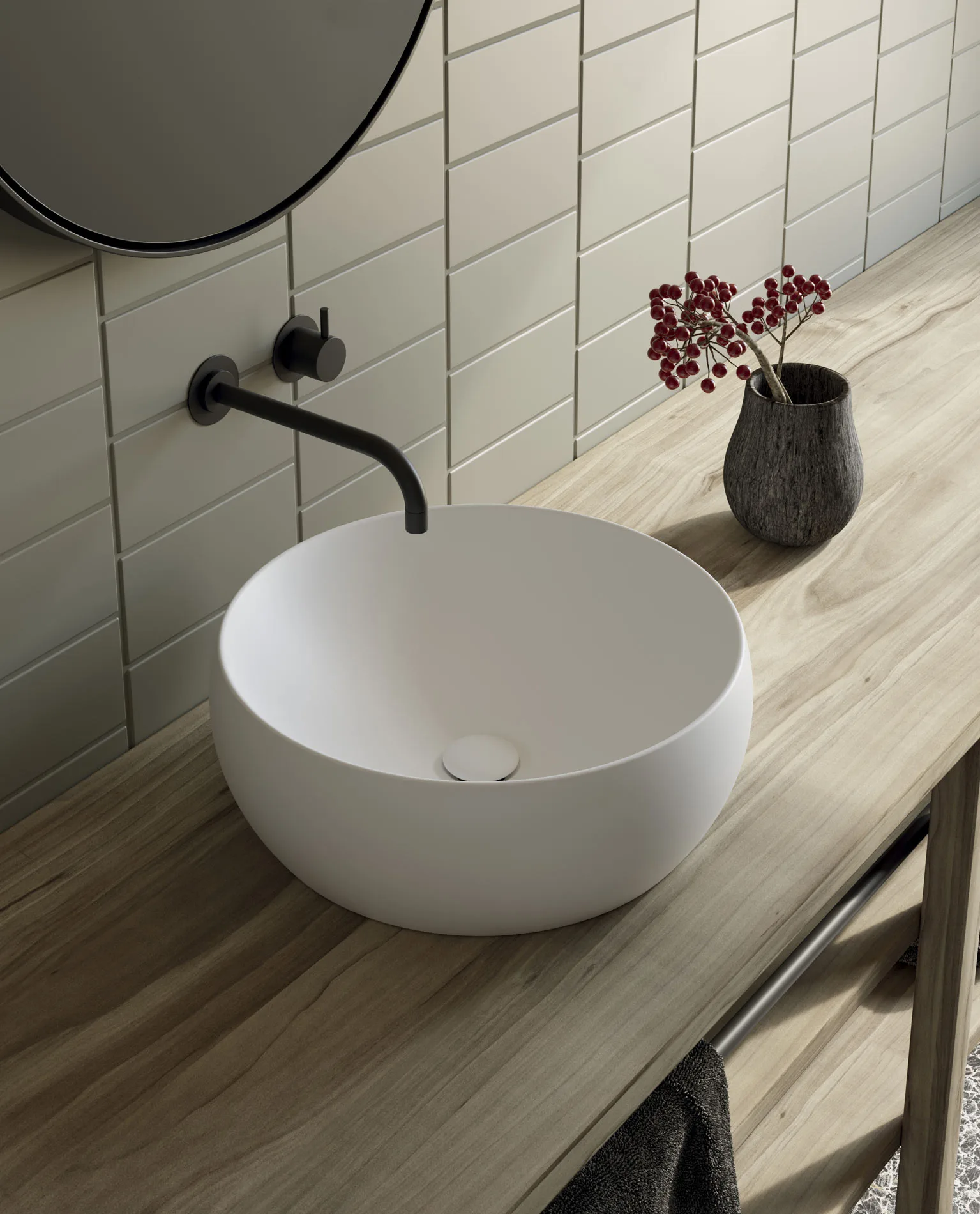 Ceramica Galassia Dream: rundes weisses Aufsatzbecken mit schwarzer Wandarmatur