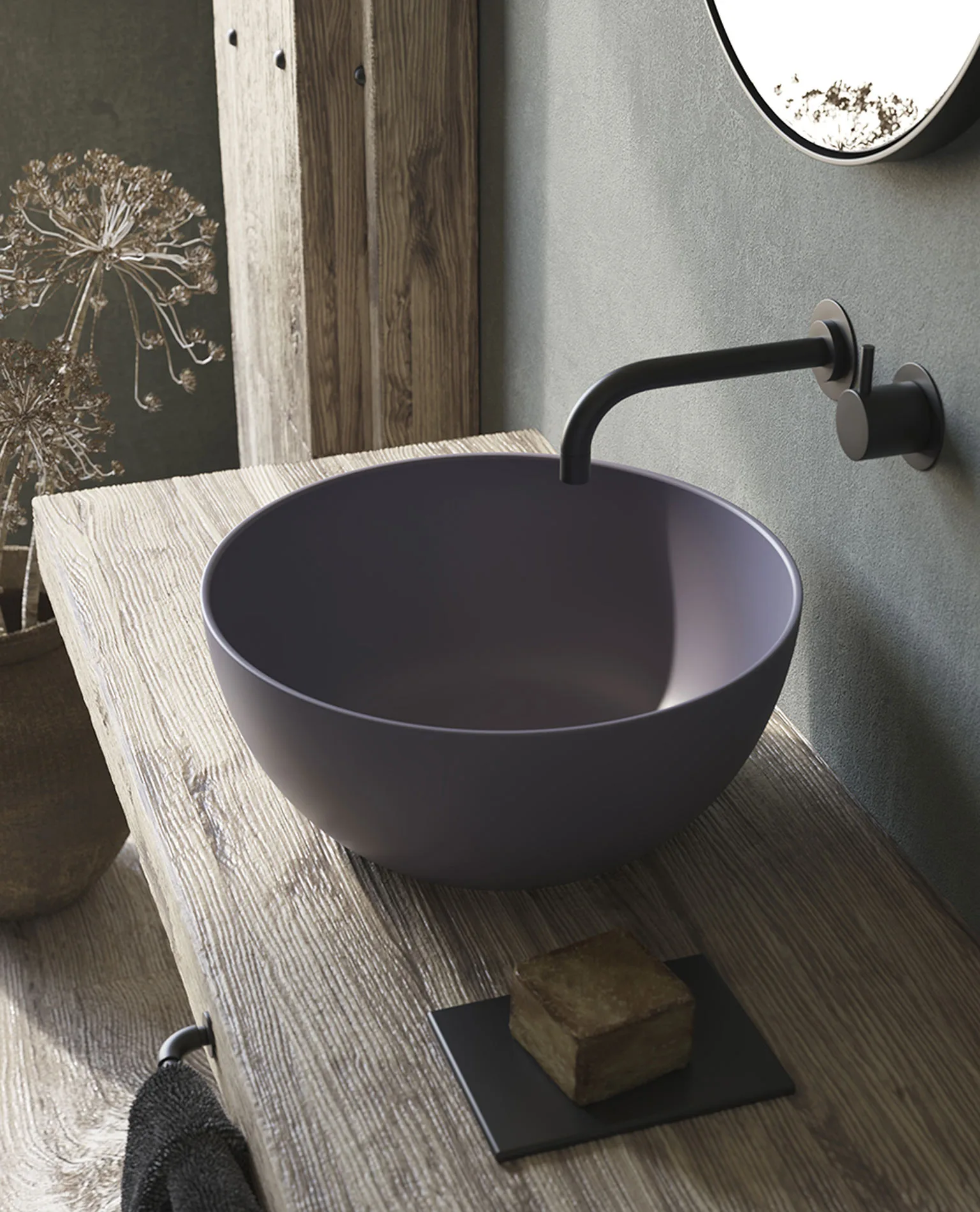 Ceramica Galassia Dream: Aufsatzbecken in Violett auf Holzkonsole