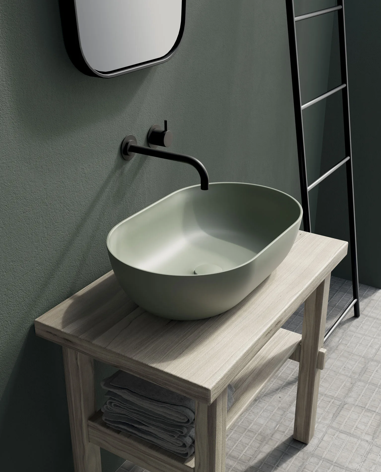 Ceramica Galassia Dream: ovales Aufsatzbecken in Grün auf Holzgestell