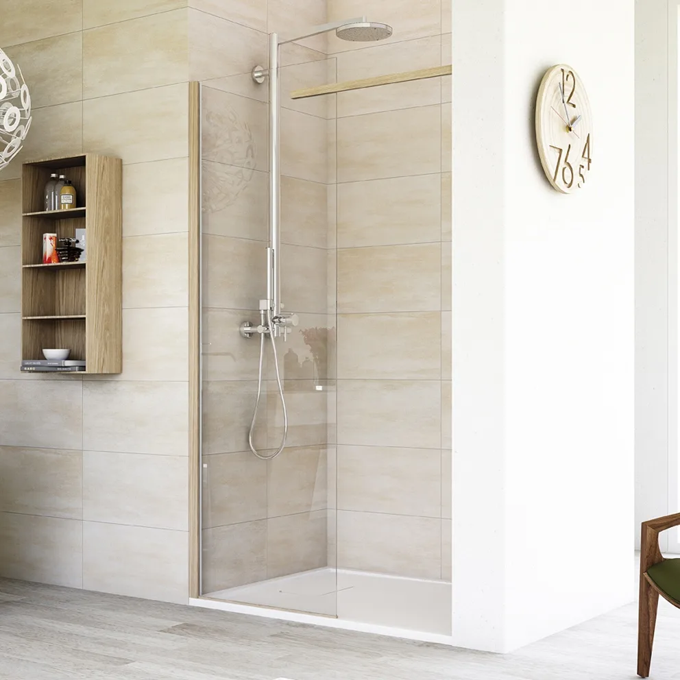 Megius Materia: Walk-in-Dusche mit Regal aus Holz
