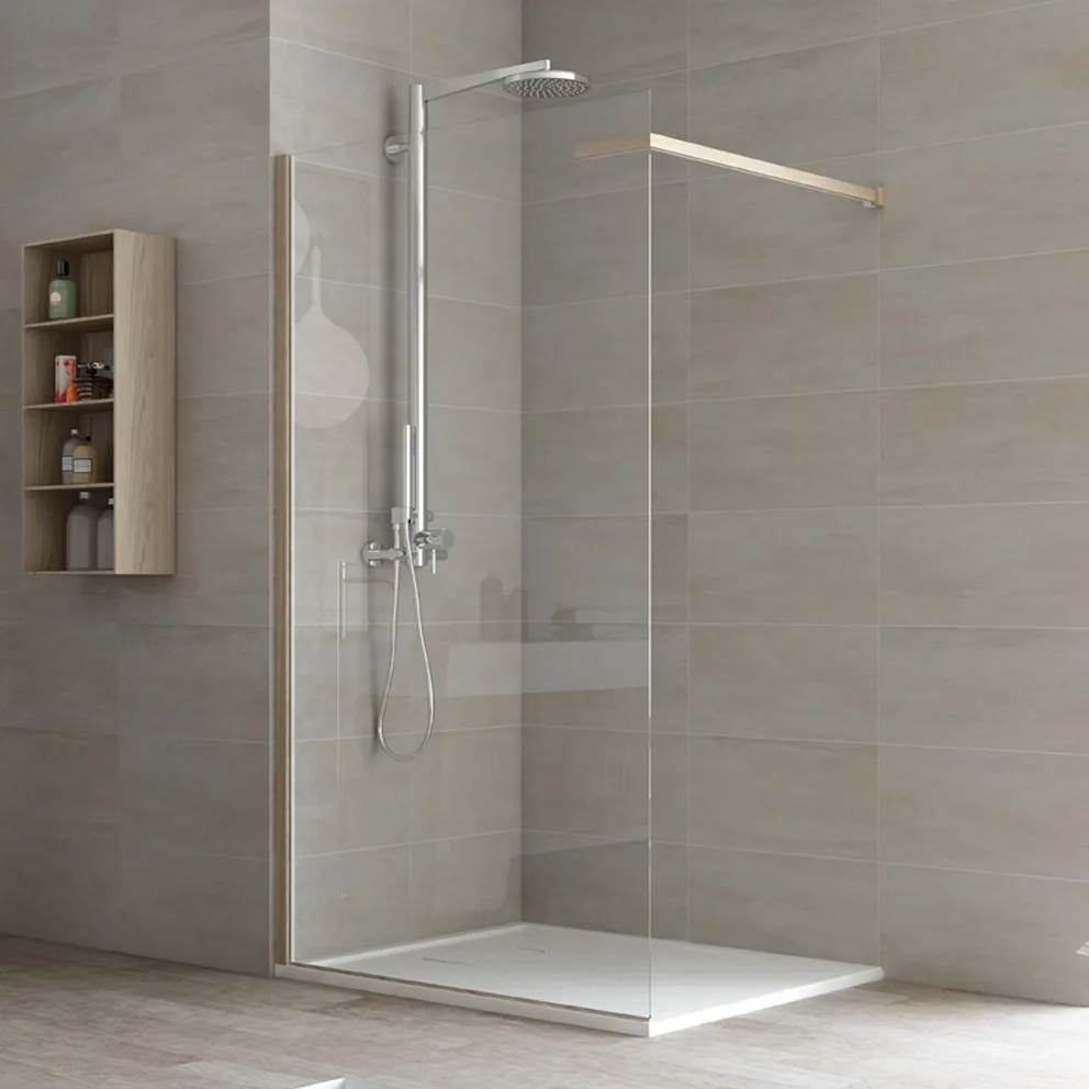 Megius Materia: Glasduschwand mit Messingprofil und Regal