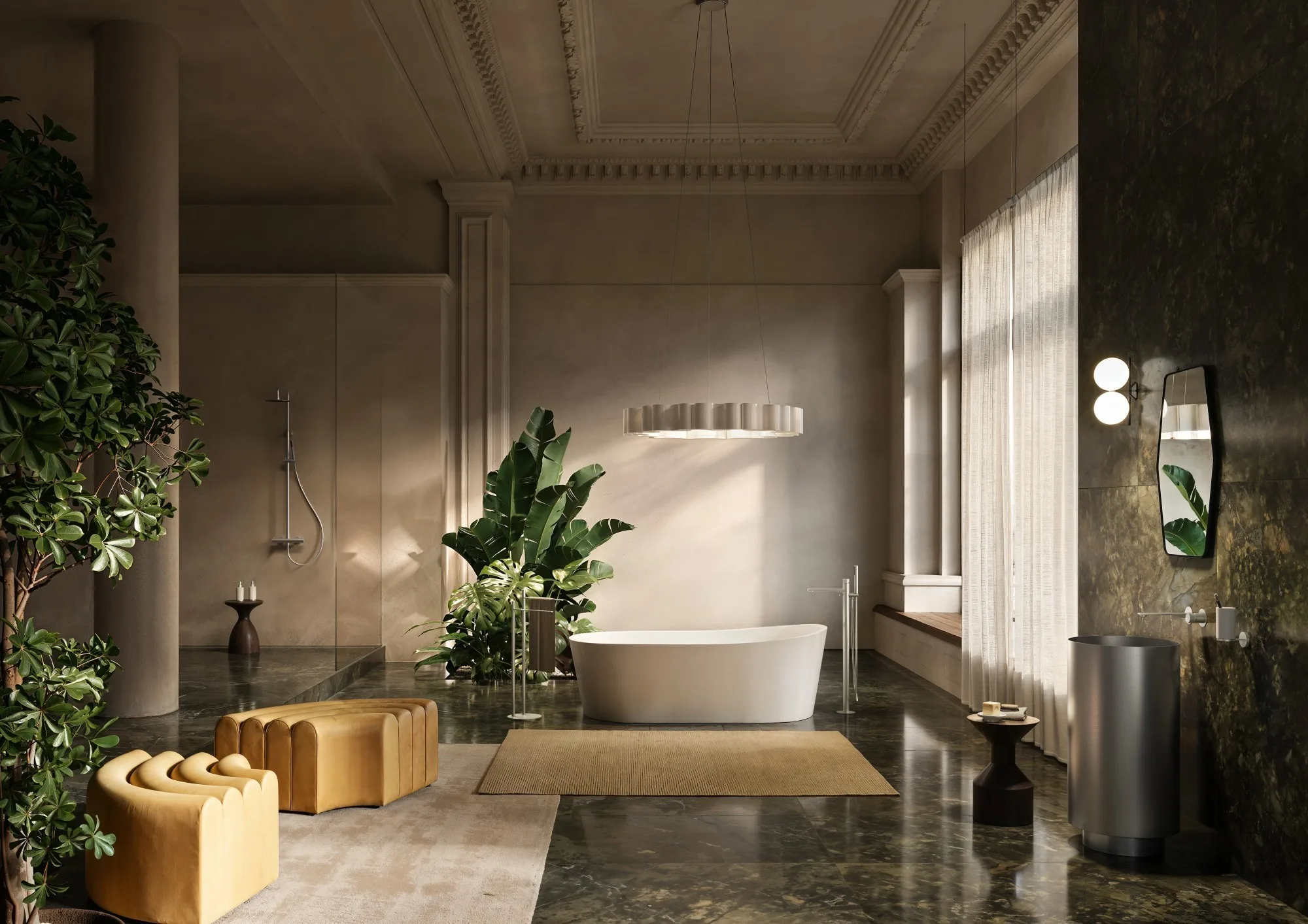 Newform Steel Line: Badezimmer mit Armaturen aus Edelstahl, Pflanzen und freistehender Badewanne
