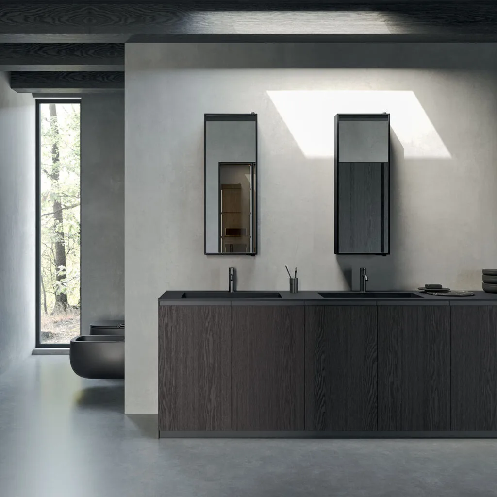 Rexa Design Moode: Doppelwaschtisch aus dunklem Holz mit zwei Spiegeln vor grauer Wand
