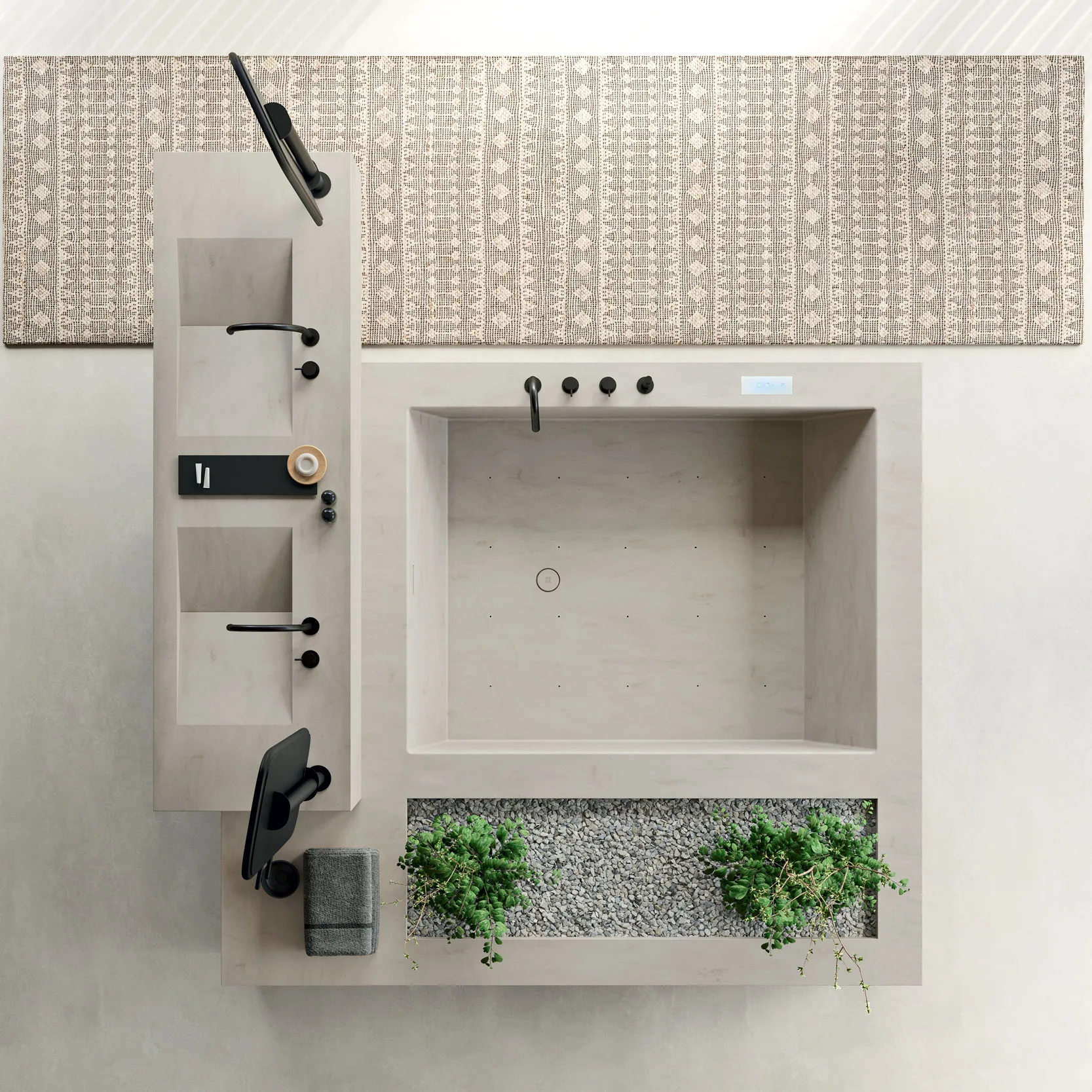 Rexa Design Unico: Waschtisch mit integriertem Becken und Wandregal von oben, Wand mit Reliefdekor