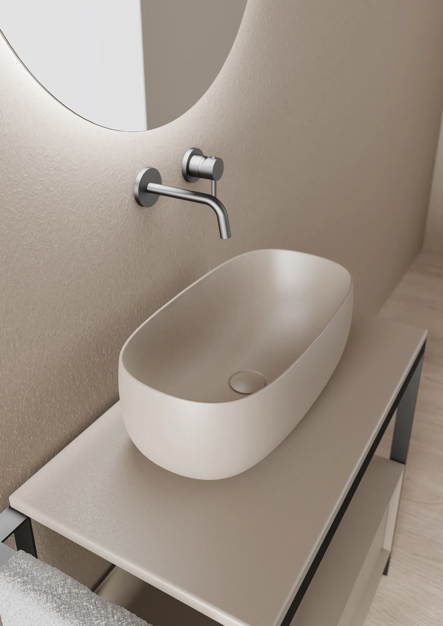 Scarabeo Fidia: ovales Aufsatzbecken in Beige mit Wandarmatur