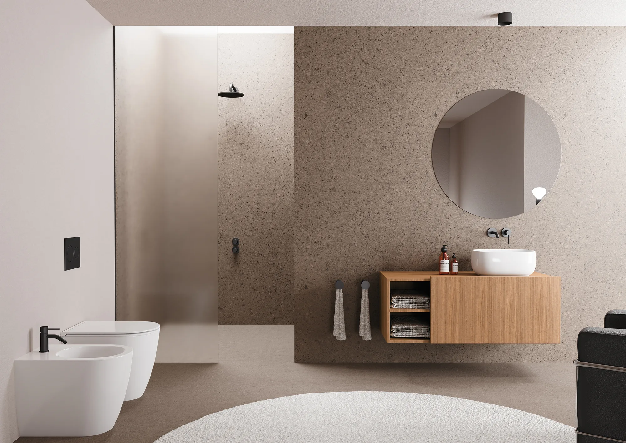 Scarabeo Fidia: Badezimmer mit Aufsatzbecken auf Holzmöbel und WC