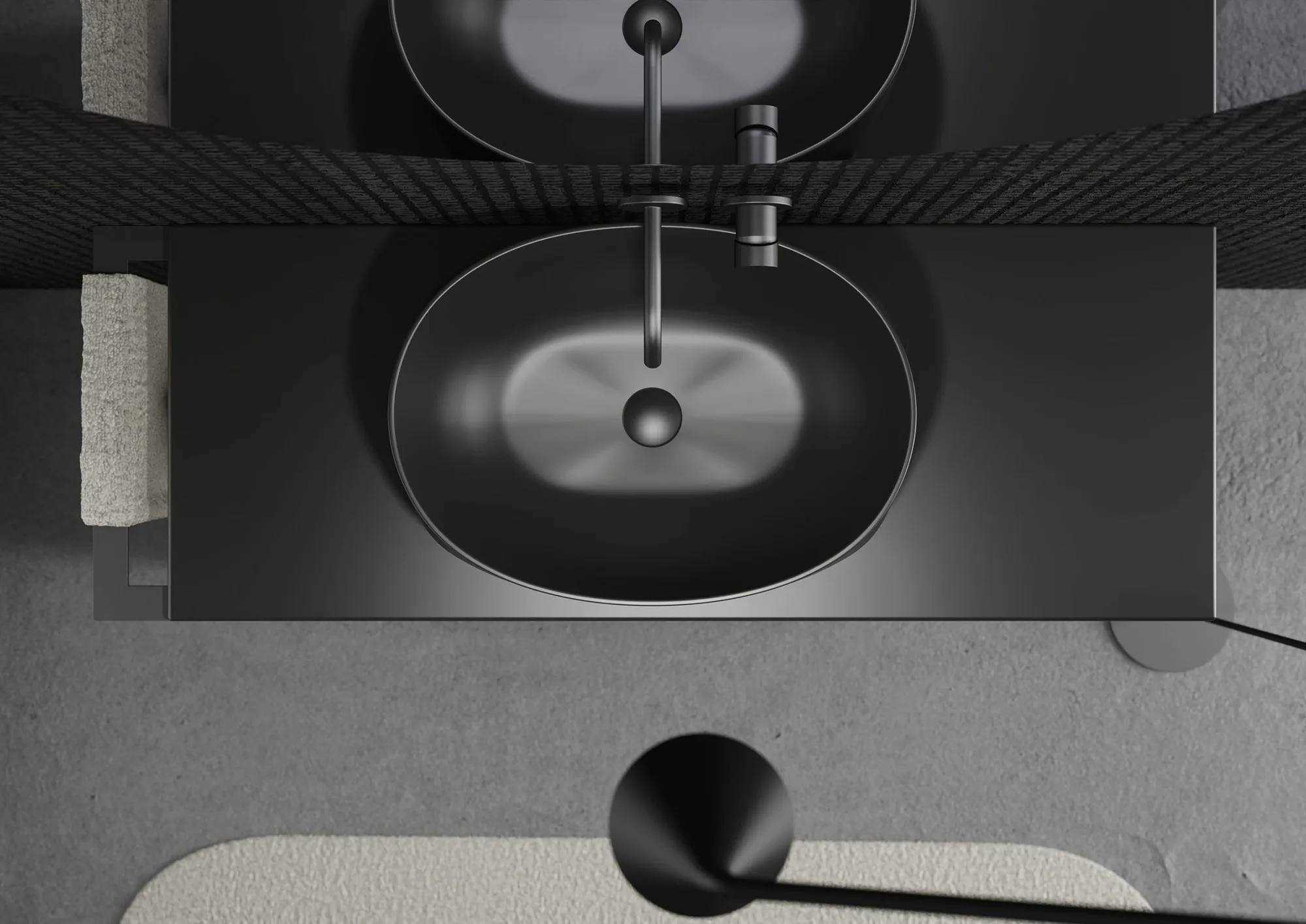 Scarabeo Yugo: schwarzes Becken mit Wandarmatur von oben