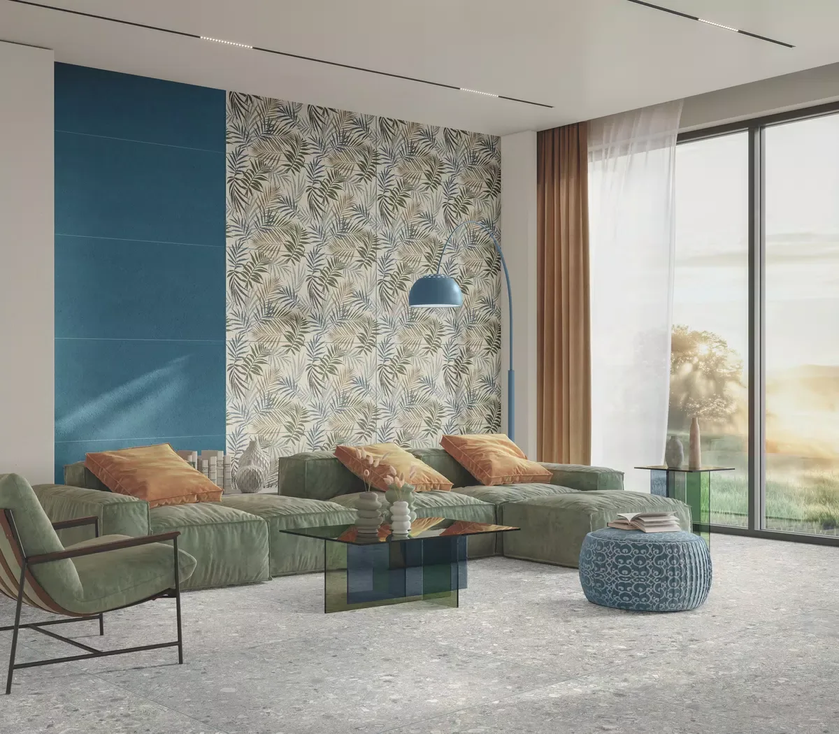 Ariana Gioia: Wohnraum mit blauer Wand, Dekorplatten und grünem Sofa
