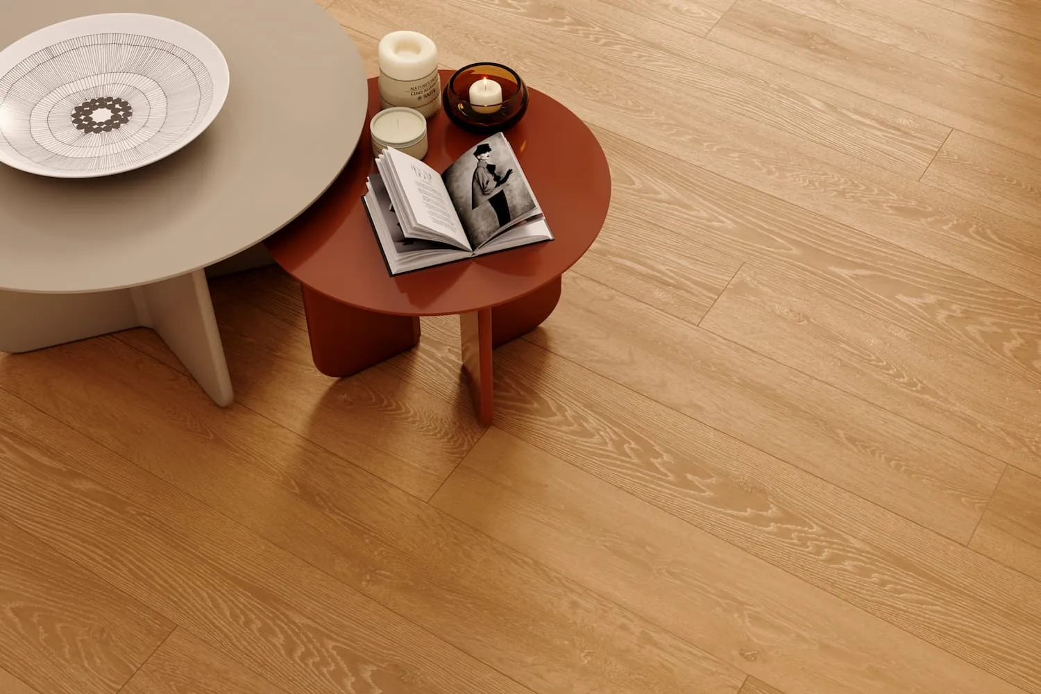 Déco Clap Real: Designboden in Eichenoptik mit Beistelltischen