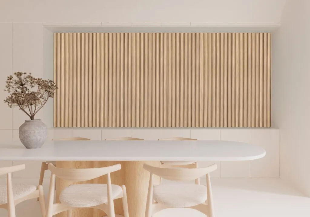 Déco Clap Real: Essbereich mit Designboden und Wandverkleidung aus Holz