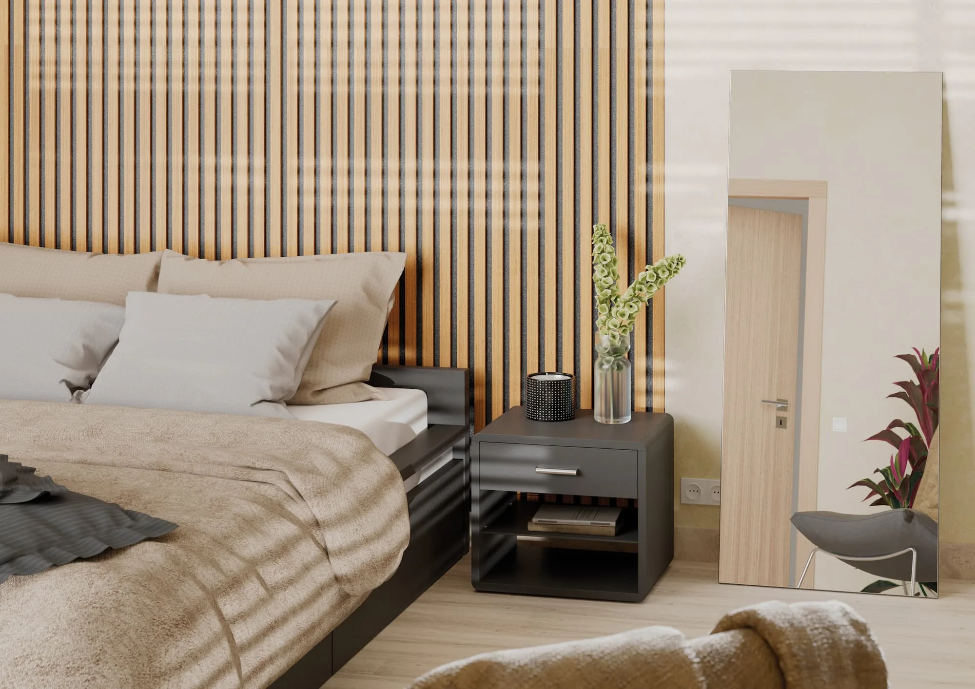 Déco Clap Zer0: Schlafzimmer mit Designboden und Wand aus Holzlamellen