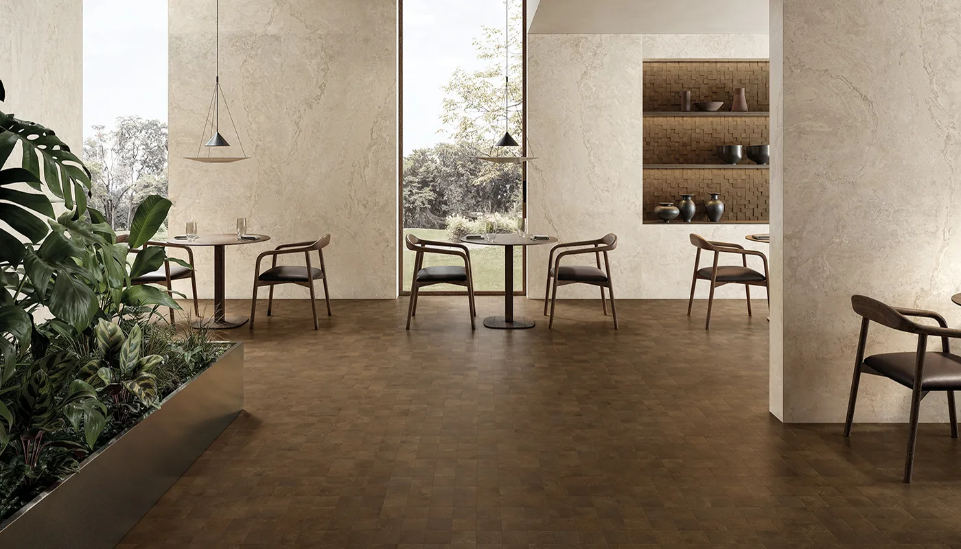 Emilgroup W-Circles: Café mit Wandregal und Platten in Beige