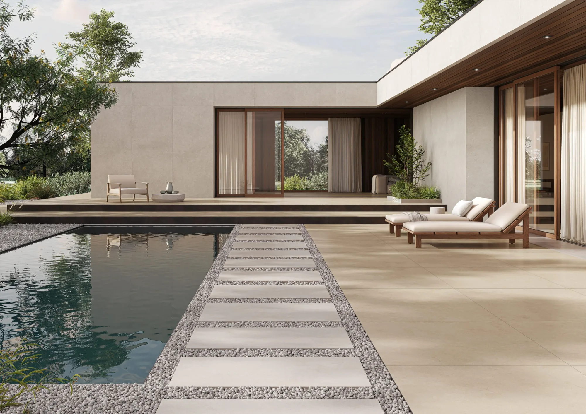 Energieker Miro: Terrasse mit Pool und Platten in heller Betonoptik
