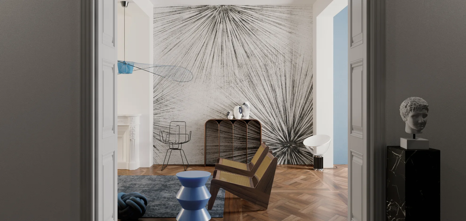 Inkiostro Bianco Light and Shadows: Wohnraum mit grauer Tapete und Kamin