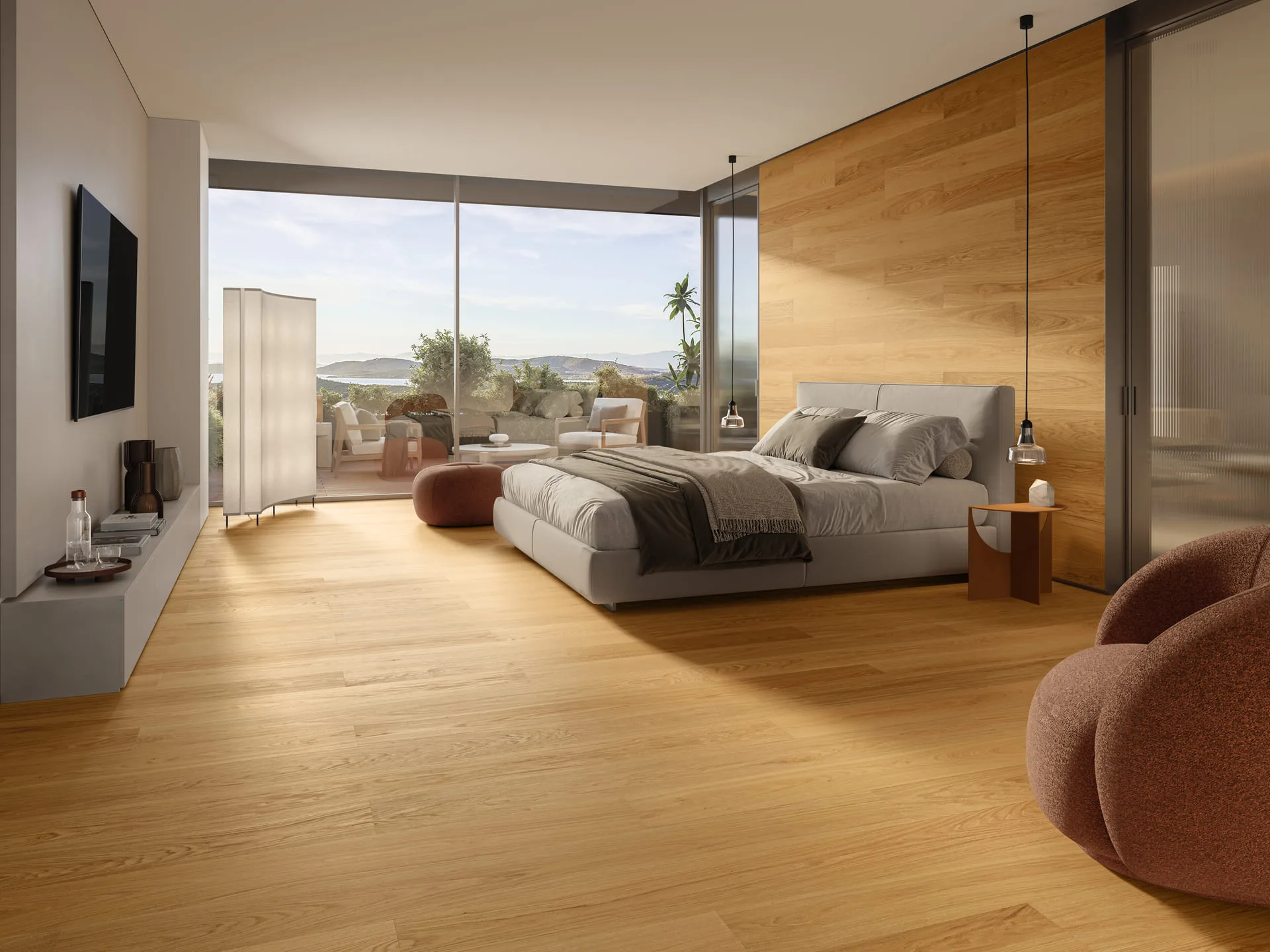 Skema Palladio: Schlafzimmer mit Parkett aus Eiche und Fensterfront