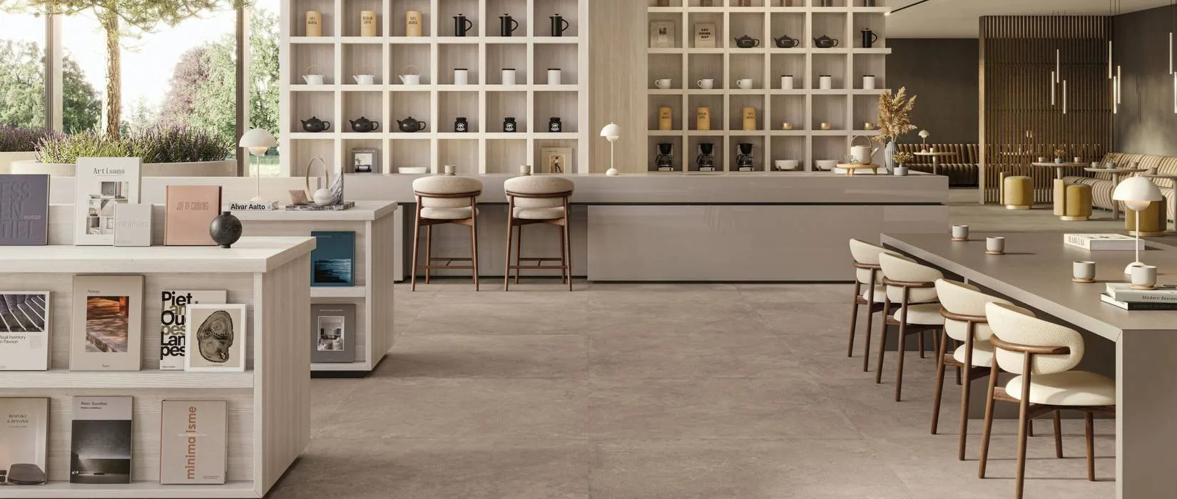 Supergres Whisper: Wohnraum mit Esstisch und Boden in Steinoptik