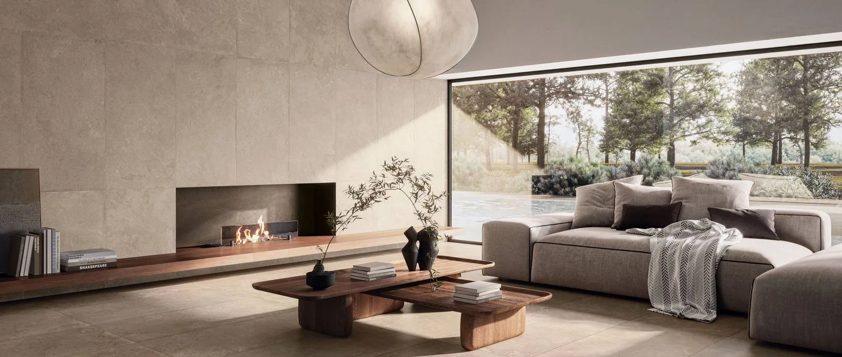 Supergres Whisper: Wohnraum mit Kamin und Boden in Steinoptik