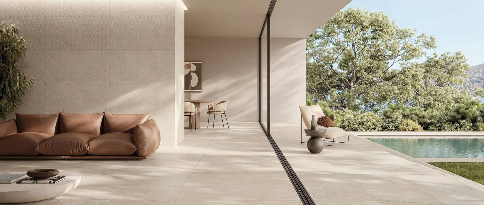 Supergres Whisper: Terrasse mit Pool und Platten in Steinoptik