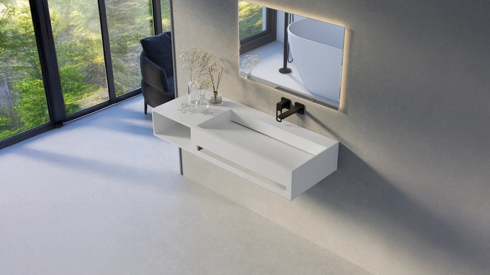 Zenon Neo SPC Floor: Bad mit Waschtisch und SPC-Boden in Hellgrau