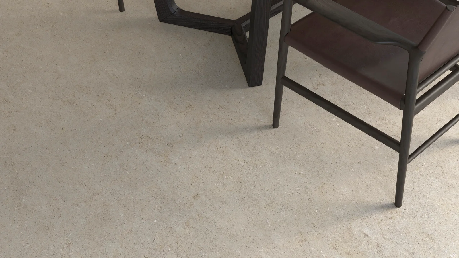 Zenon Sonor SPC Floor: Bodenplanken in Beige-Steinoptik mit Lederstuhl