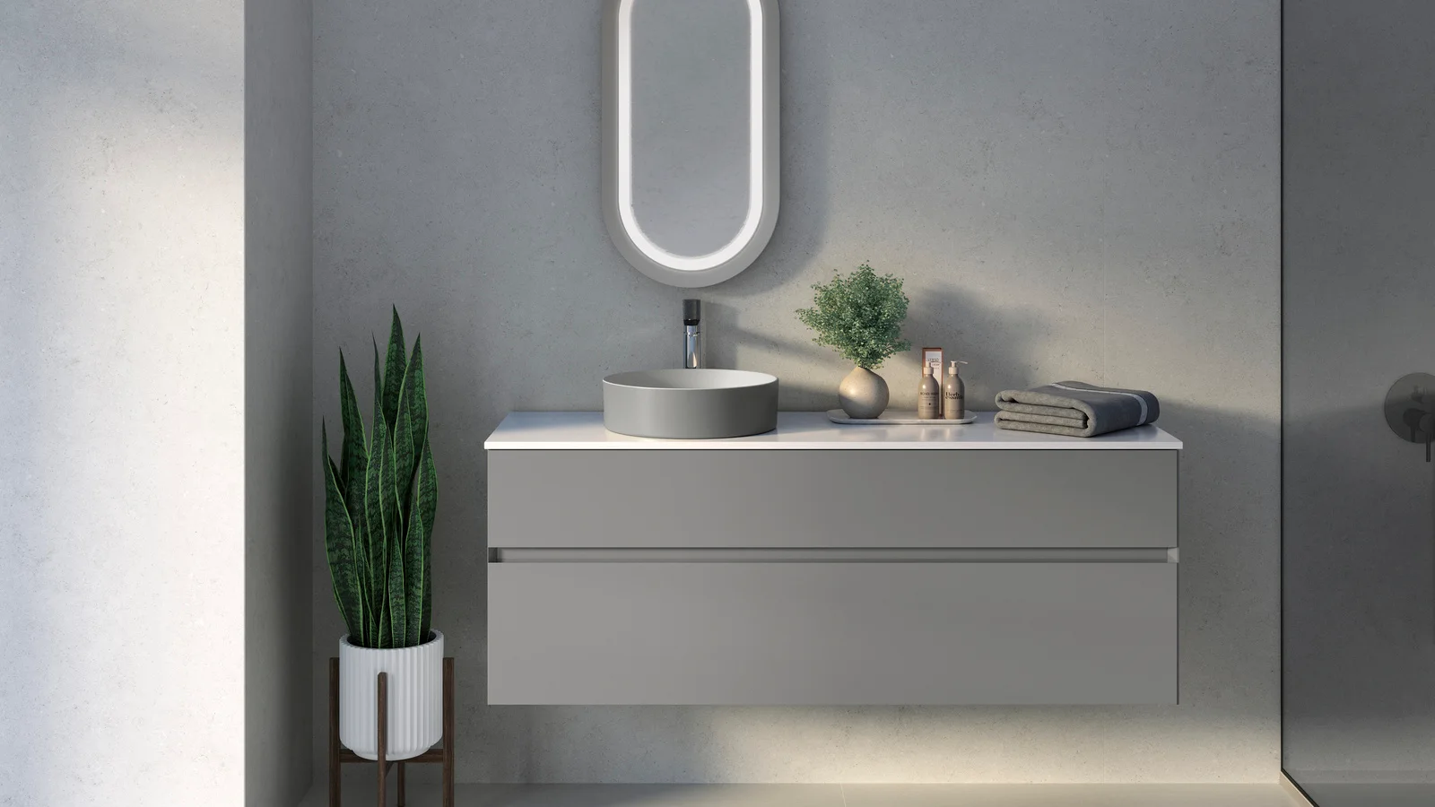 Zenon Sonor SPC Floor: Badezimmer mit hellem SPC-Boden, Waschtischmöbel in Grau und ovalem Spiegel