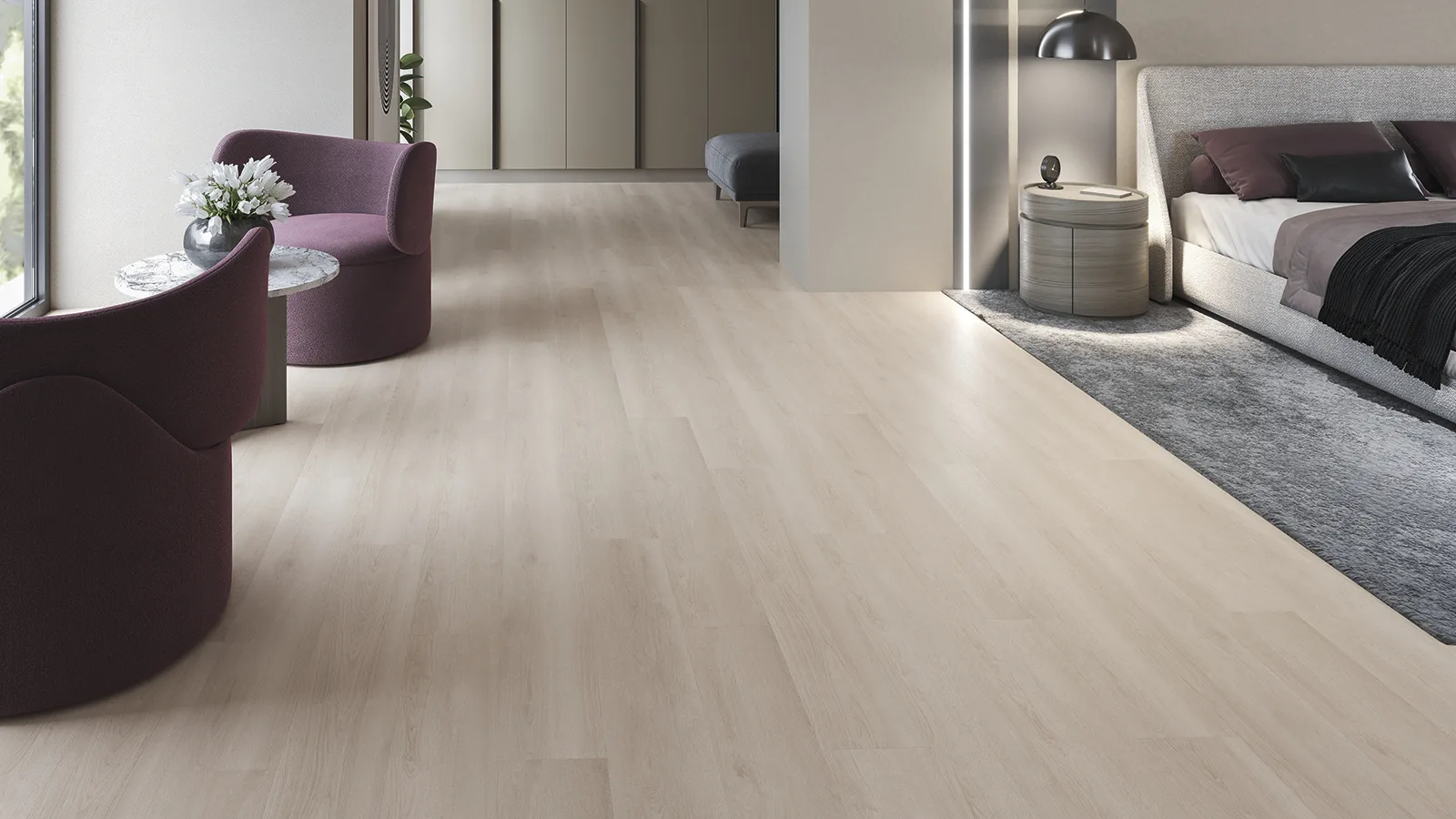 Zenon Tempo SPC Floor: Schlafzimmer mit SPC-Boden in heller Holzoptik