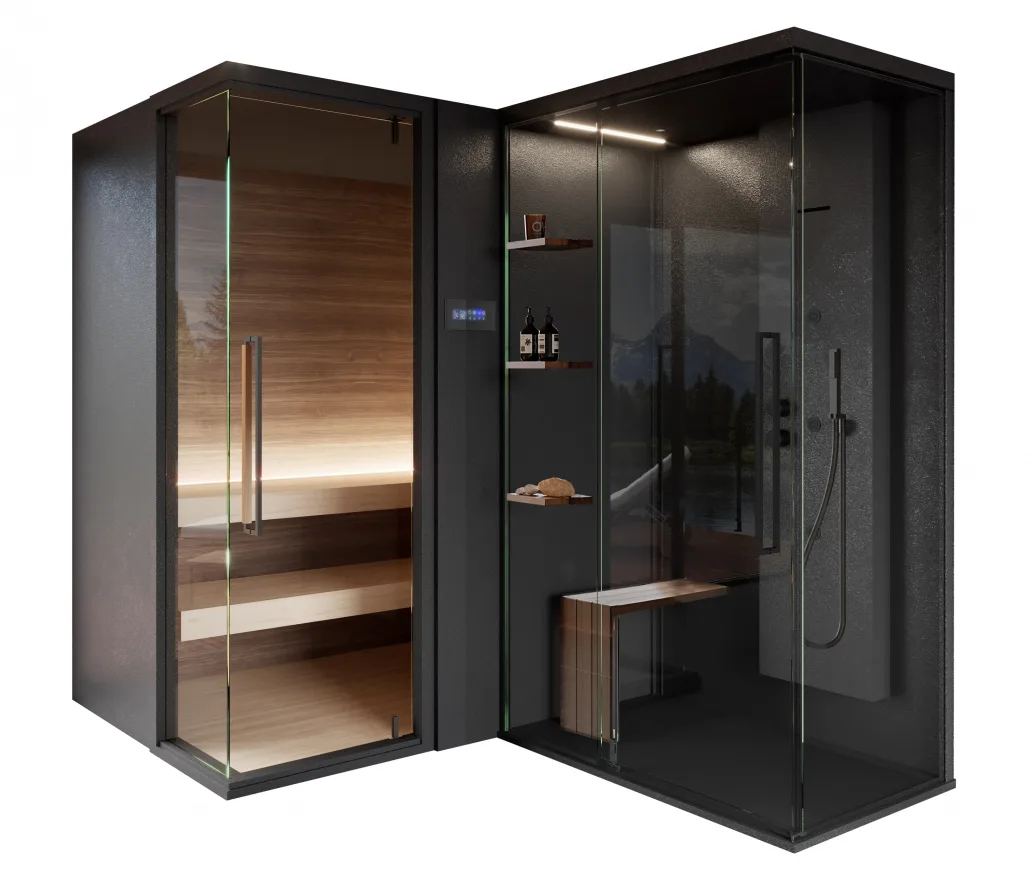 Megius Zen Combi Duo: Kabine mit Sauna und Dusche, schwarz mit Glasfront