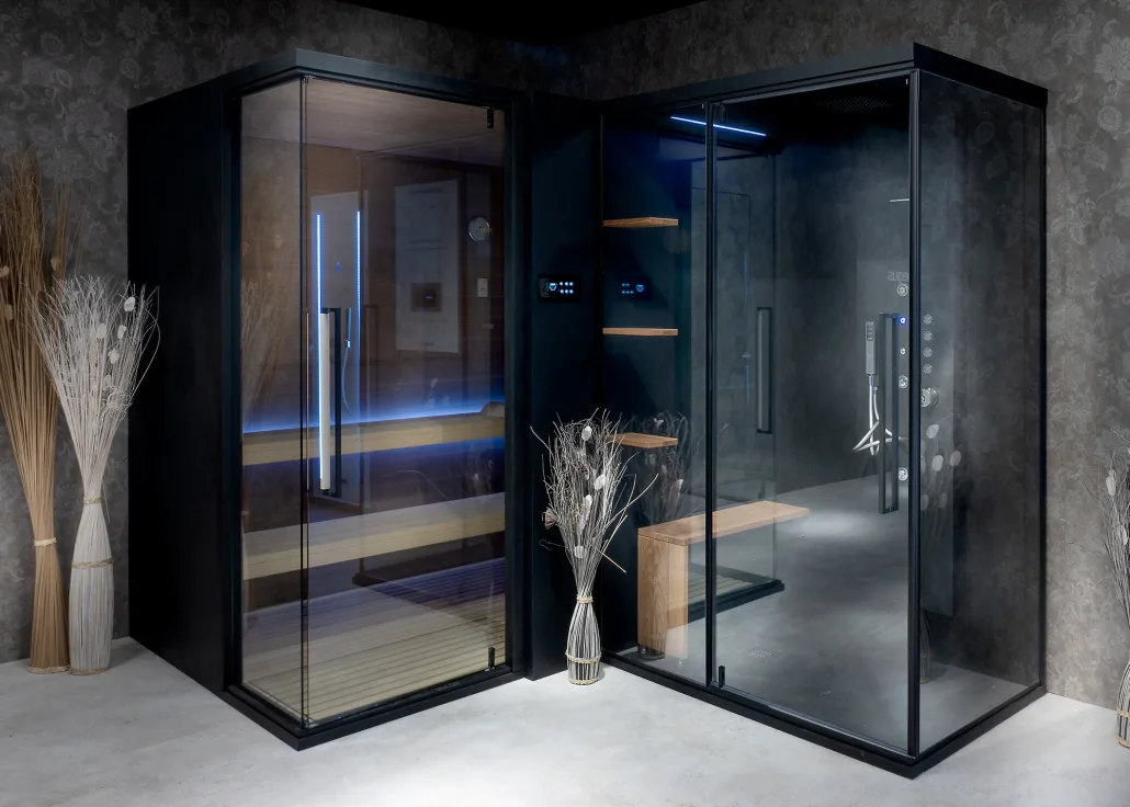 Megius Zen Combi Duo: Eckkabine mit Sauna und Dampfdusche vor grauer Wand