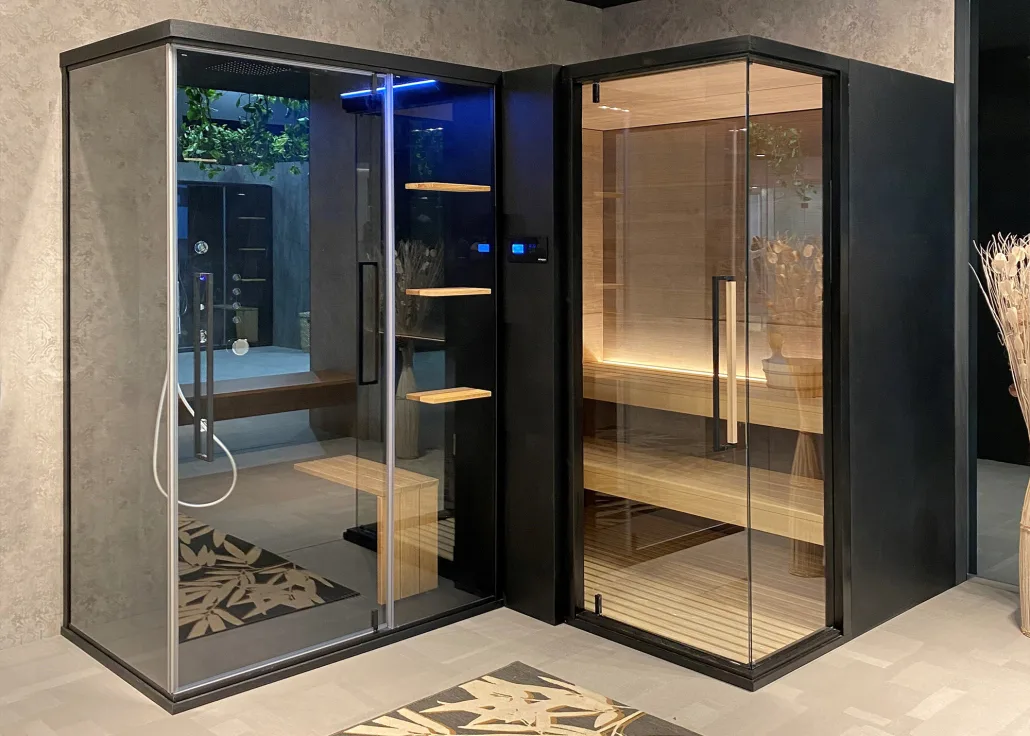 Megius Zen Combi Duo: Kabine mit blauem Licht und Holzbank