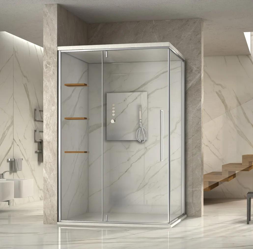 Megius Zen Nude & Shower: Duschkabine in einem Bad in Marmoroptik