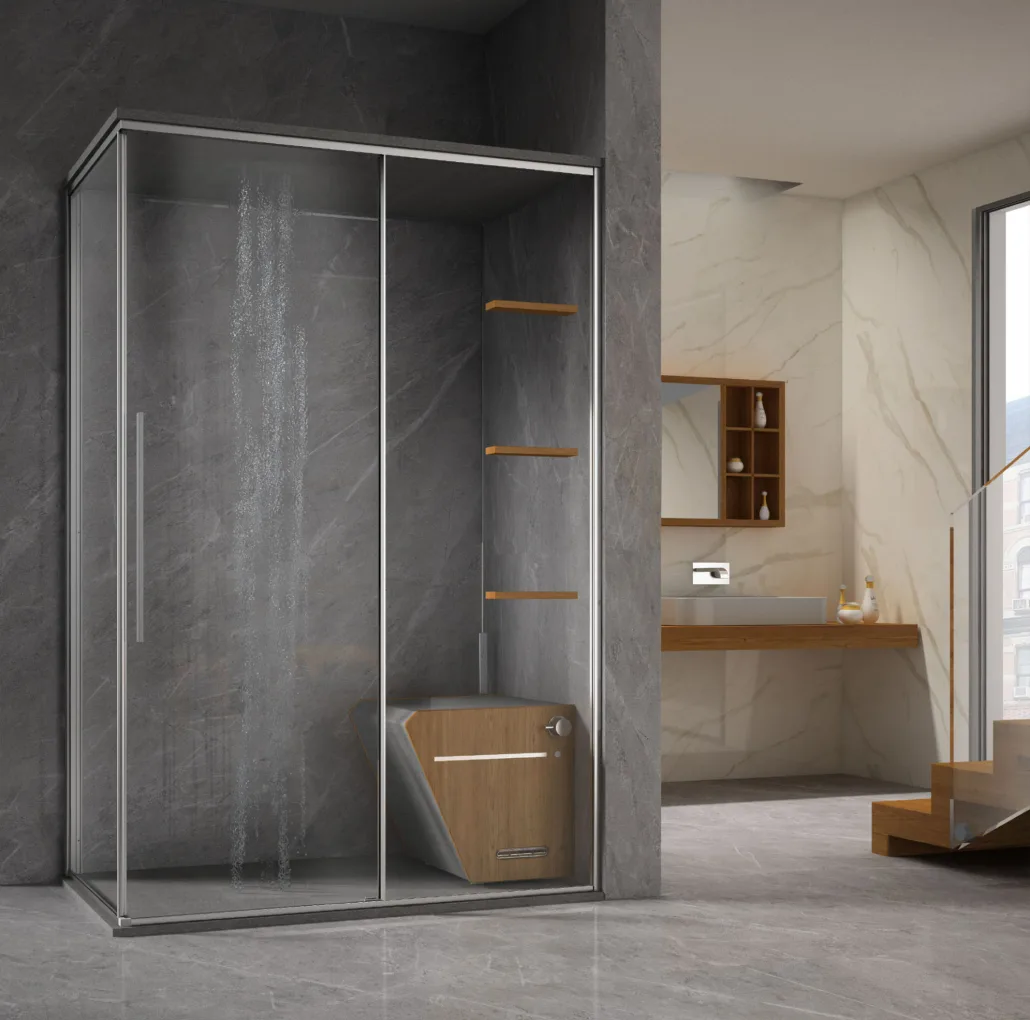 Megius Zen Nude & Shower: Duschkabine mit Holzbank und Schiebetür
