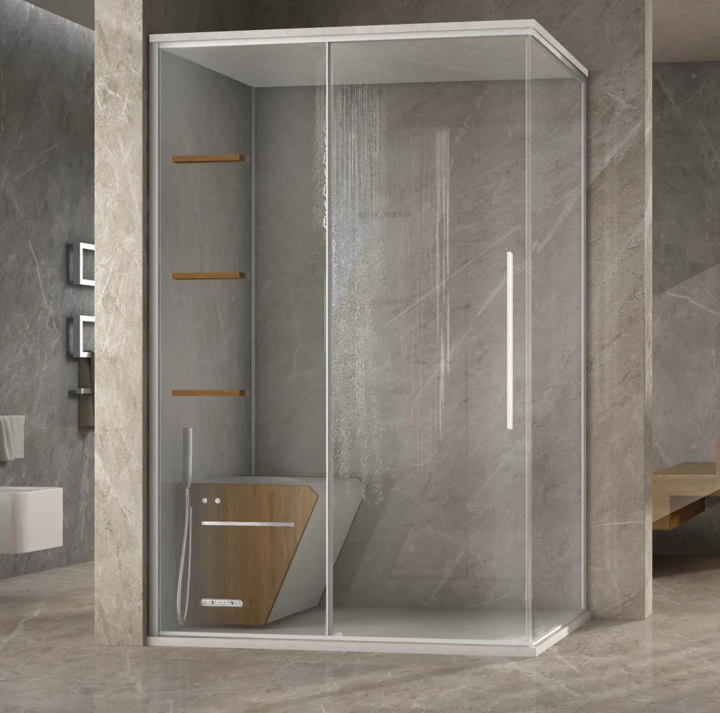 Megius Zen Nude & Shower: Duschkabine mit Messinggriffen vor Marmorwand