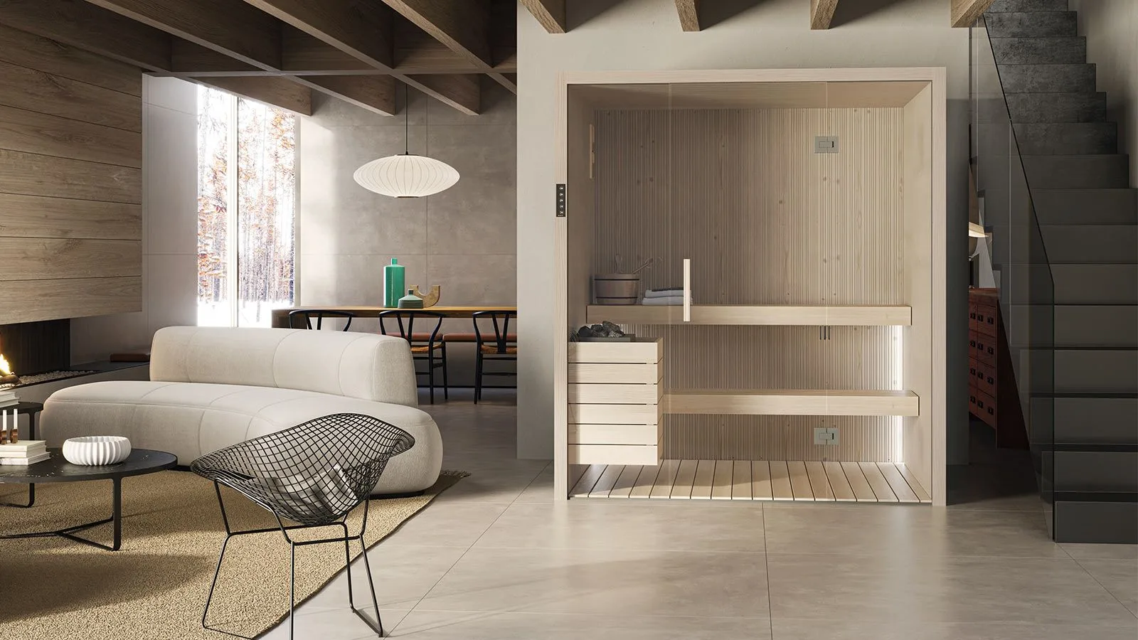 Novellini Fun Sauna: Sauna mit Glasfront in einem warm gestalteten Wohnbereich