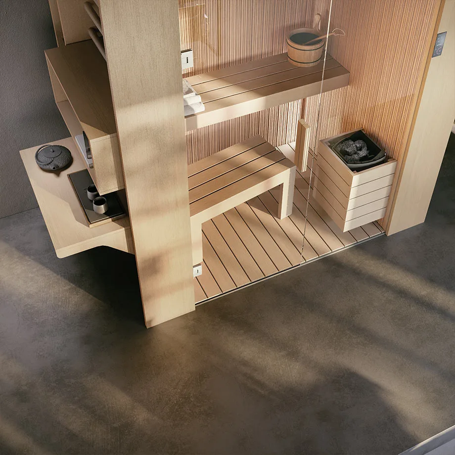 Novellini Fun Sauna: Saunabänke und Ofen von oben