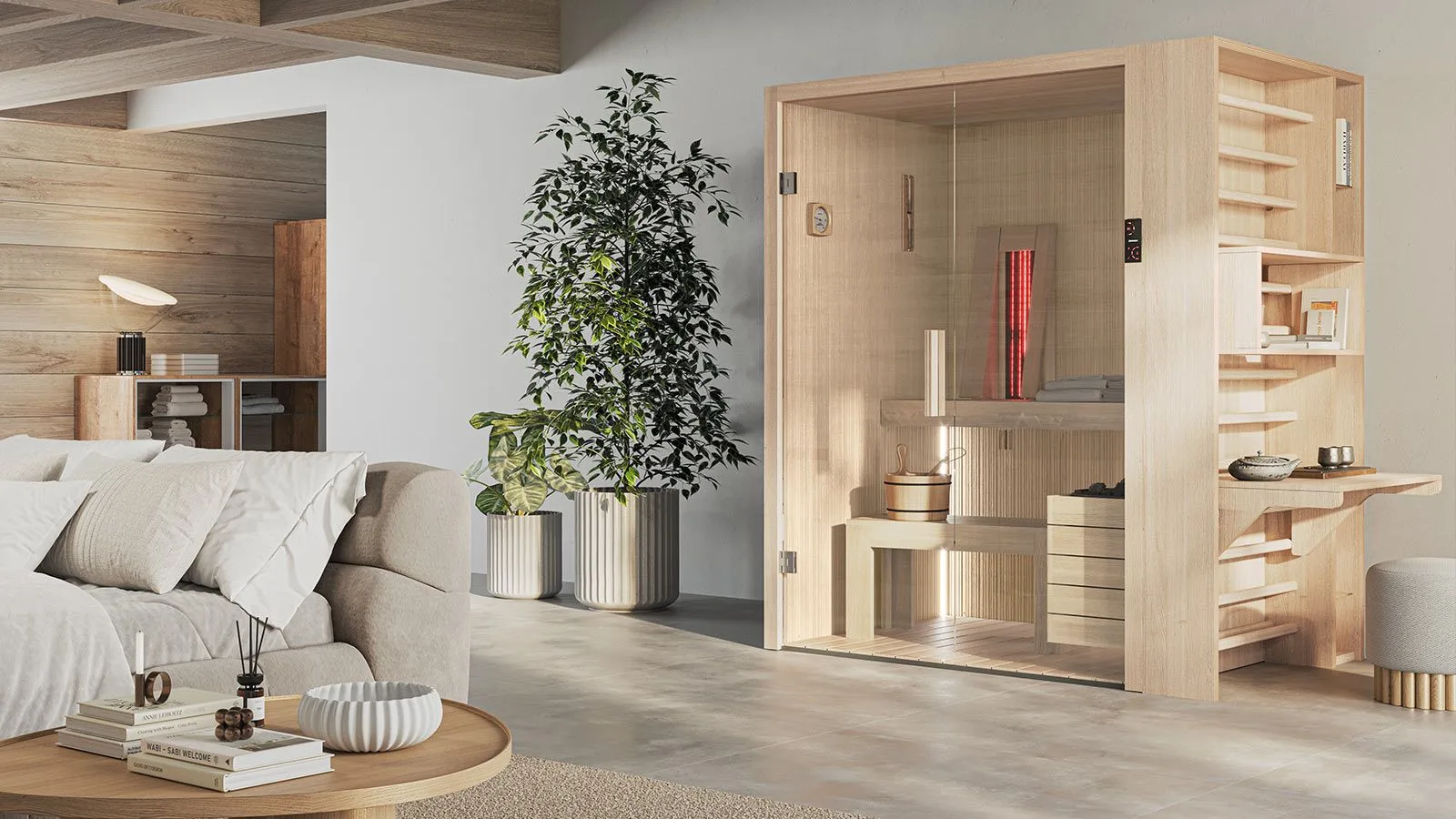 Novellini Fun Sauna: Sauna neben einem Sofa mit Pflanzen