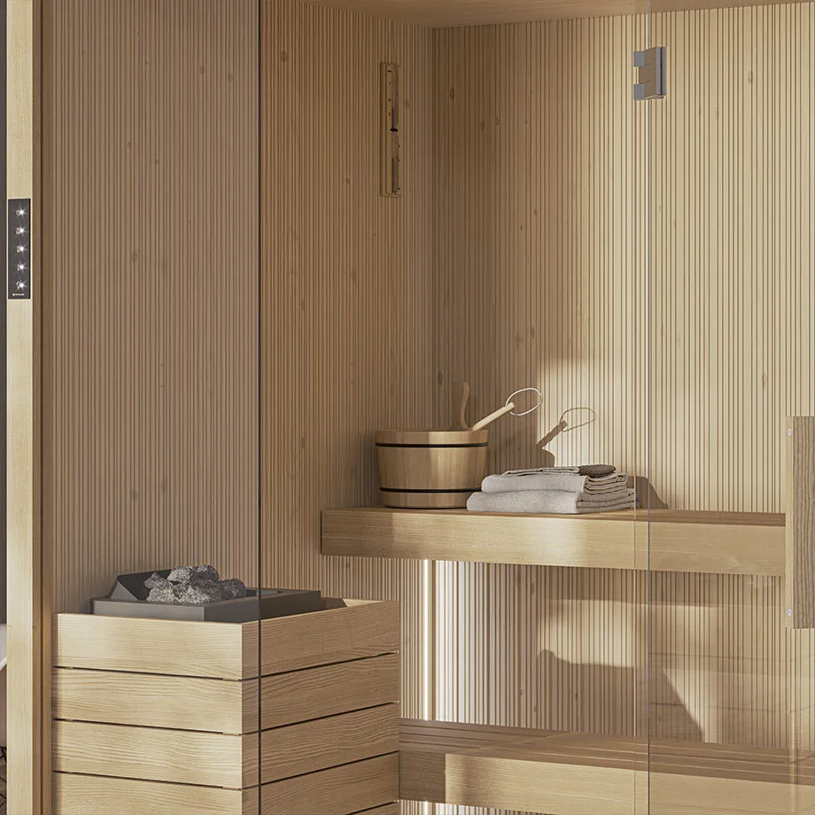 Novellini Fun Sauna: Saunaofen mit Steinen und Holzkübel