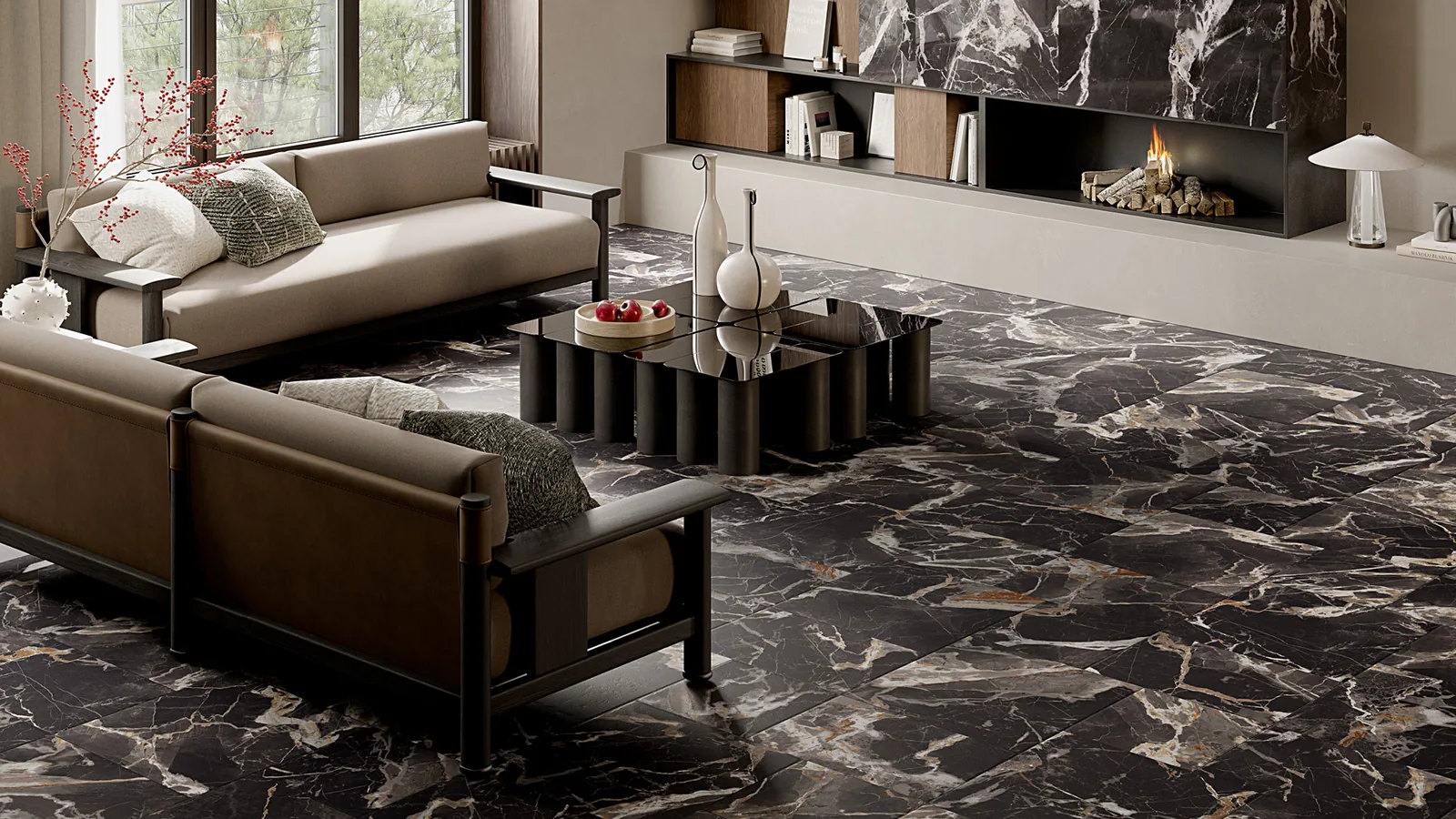 La Fabbrica AVA Venezia Platten in schwarzer Marmoroptik in einem eleganten Wohnraum