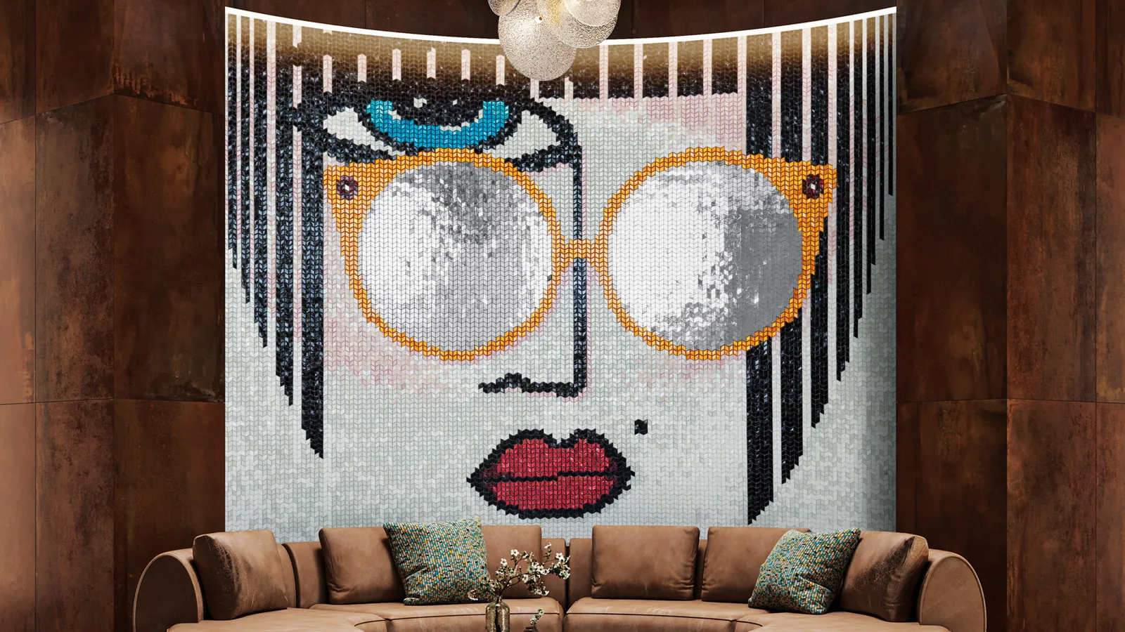 Künstlerische SICIS Mosaikwand mit abstrahiertem Gesicht in einem Wohnraum