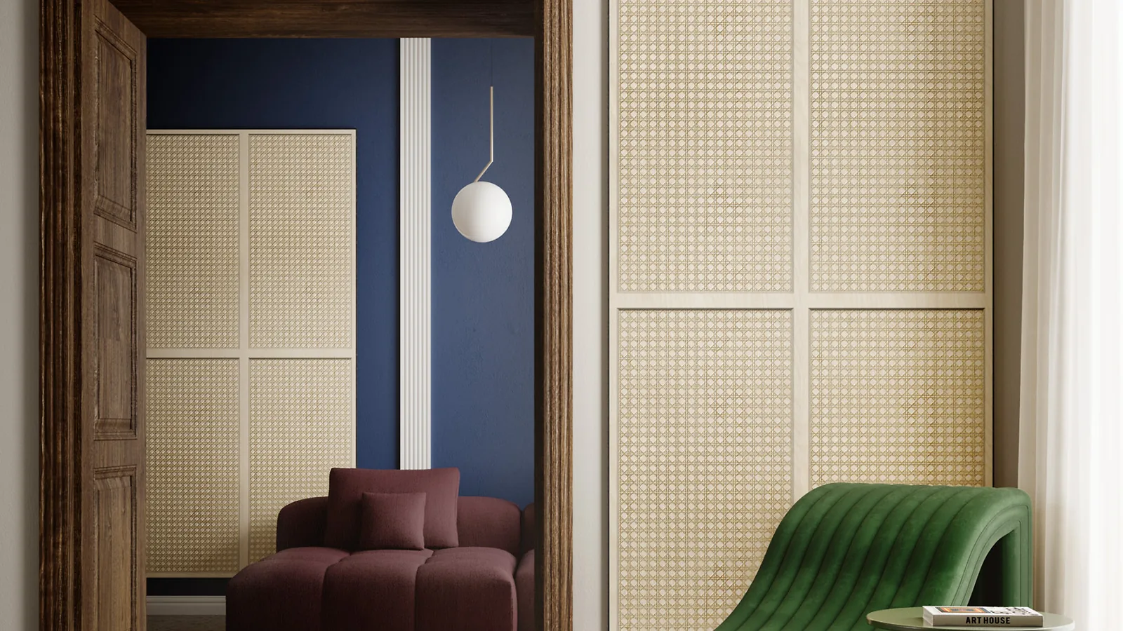 Inkiostro Bianco Wandverkleidung mit geometrischem Muster und farbigen Sesseln